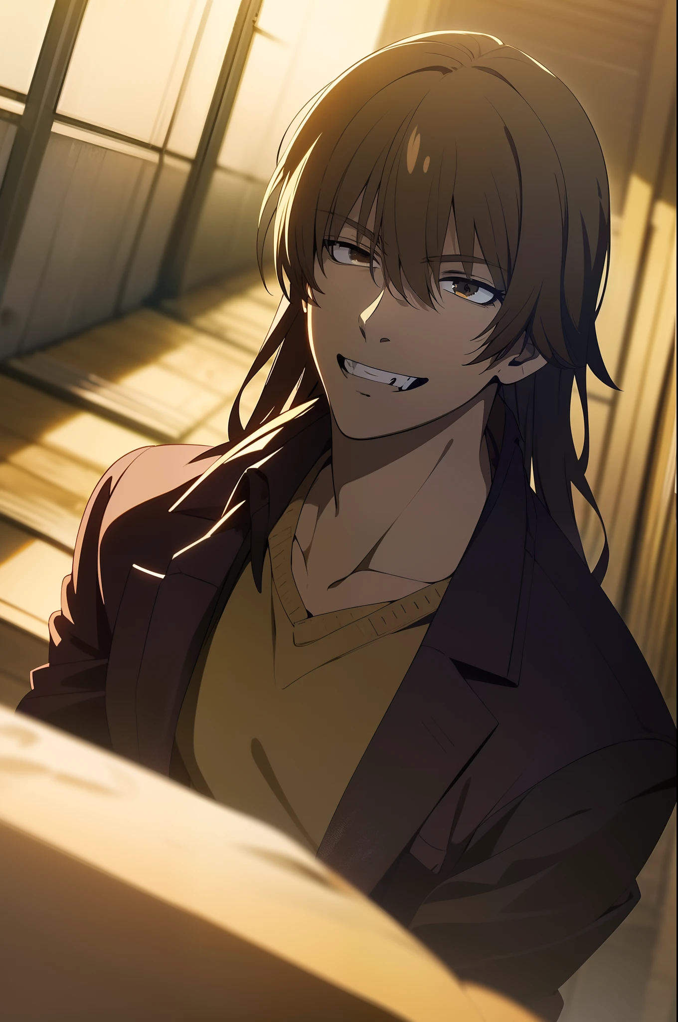 gangster,evil smile,angle from below,shadow on face,upper body,looking at viewer,robust,1boy, brown hair,long hair,brown shirt,
((((((((masterpiece)))))))), best quality, highly detailed, extremely detailed CG unity 8k wallpaper,illustration,sfw,
indoor,((((abandon factory)))),(at night),spotlight,(((grey background))),(grey wall),(night),