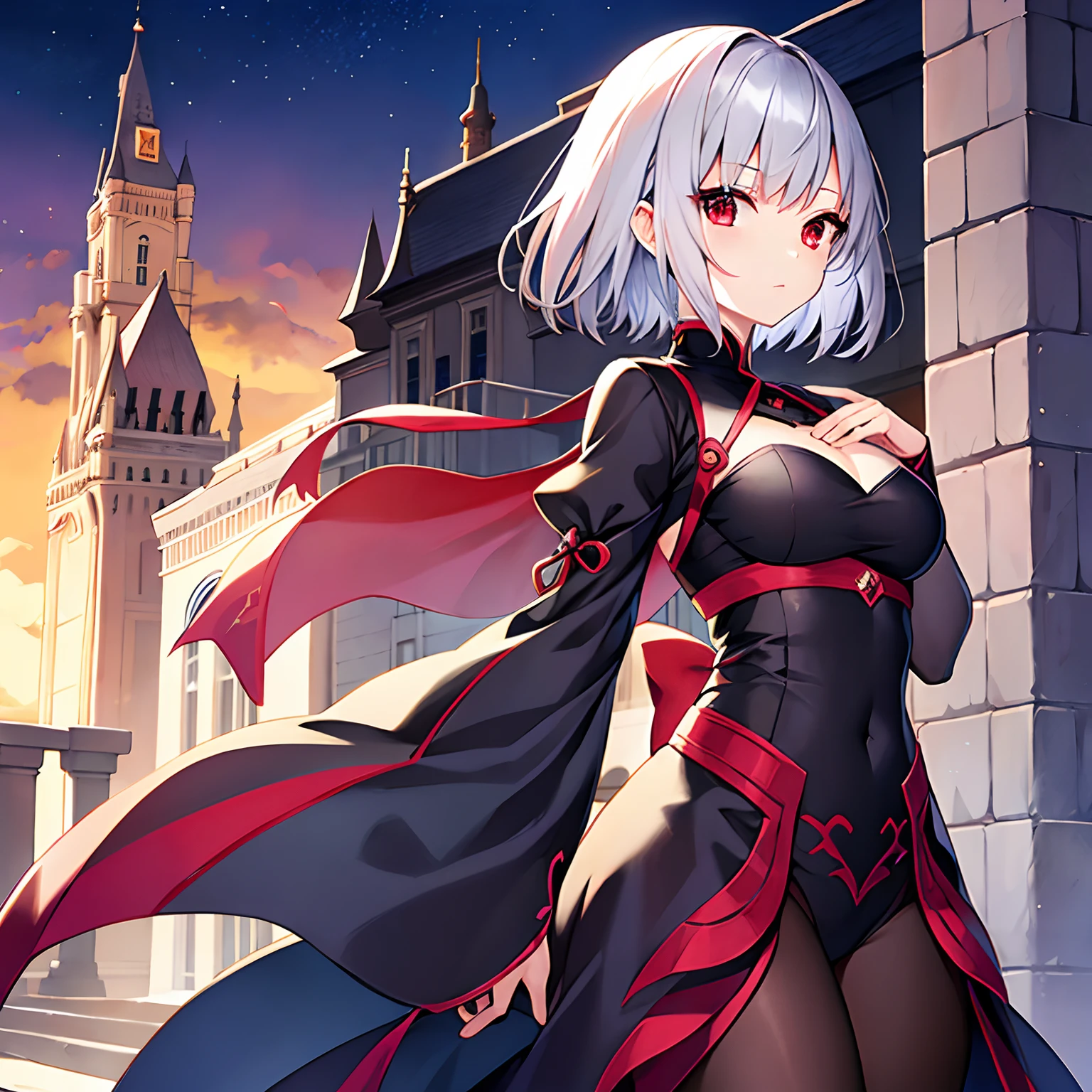 Shorthair、silber hair、red eyes、Beautiful girl alone、独奏、animesque、ninjartist、Castles