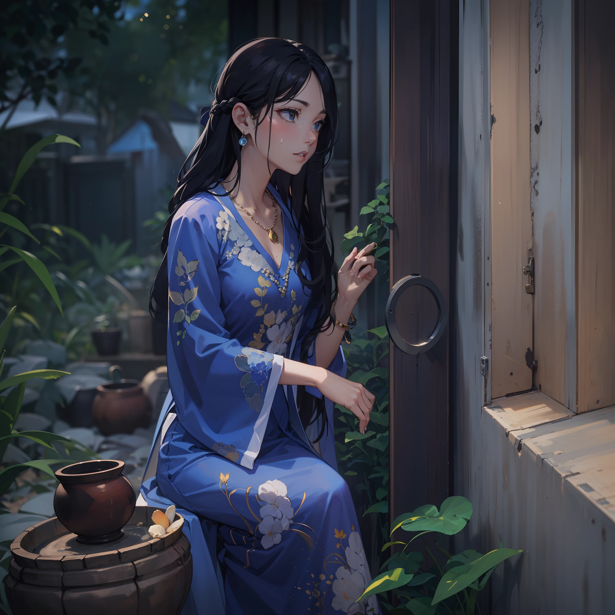garments:Woman in blue Ao Dai:1.8,accessory:shell necklace,The hair:Long Black Hair:1.1、 make - up:natural, Glowing skin、Wearing sweat, BEReaction:relax、Free-spirited、 The location:Landscape of Vietnam:1.1,Lantern sink:1.1,4K, (Raw photo: 1.2), (Realism: 1.4), (masutepiece: 1.3), (exquisite detailing: 1.2), Delicate and beautiful details, (Eye Detail), (Facial Detailed), (Highest Quality) :1.4), (Hyper-Resolution: 1.2), cinematric light, (very detailed illustration), (Best Quality, Super Resolution, depth of fields, Wide light, natural shadows