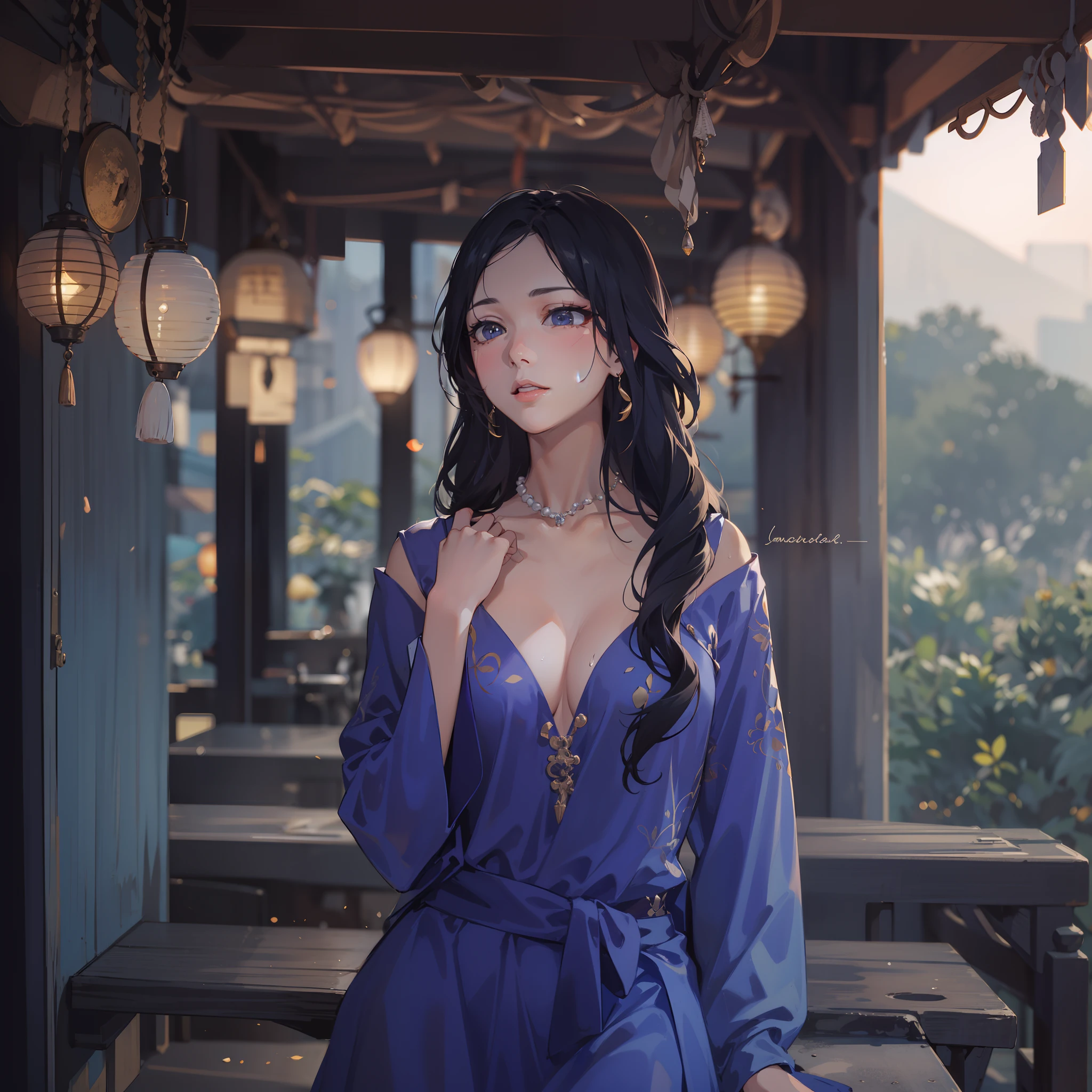 garments:Woman in blue Ao Dai:1.8,accessory:shell necklace,The hair:Long Black Hair:1.1、 make - up:natural, Glowing skin、Wearing sweat, BEReaction:relax、Free-spirited、 The location:Landscape of Vietnam:1.1,Lantern sink:1.1,4K, (Raw photo: 1.2), (Realism: 1.4), (masutepiece: 1.3), (exquisite detailing: 1.2), Delicate and beautiful details, (Eye Detail), (Facial Detailed), (Highest Quality) :1.4), (Hyper-Resolution: 1.2), cinematric light, (very detailed illustration), (Best Quality, Super Resolution, depth of fields, Wide light, natural shadows