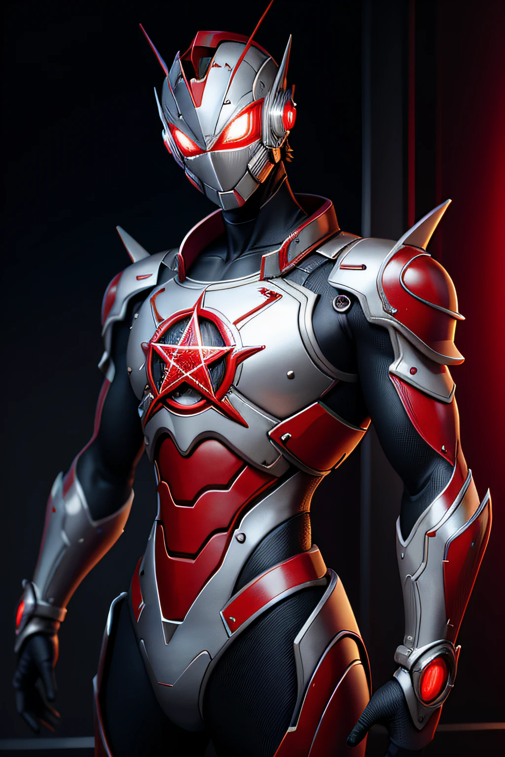 tmasterpiece，Best quality at best，A high resolution，realisticlying，The upper part of the body，
1boys，s Ultraman，Red five-pointed star eyes，Pentagram color timer，looking at viewert，red colour，power armour，fully armoured，（semi transparent：1.4），（lewd poses：1.1），Biomechanicals，
mini city，metal reflective，dramatic  lighting，3D，ultra - detailed，rendering by octane，