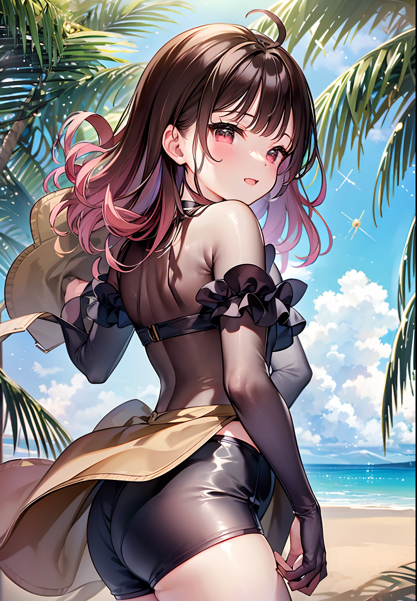 Absurd,(masterpiece、highest quality、8k ),Intricate details,Super detailed、One Girl、Brown short hair,Clear brown eyes,Laughter、(backless summer dress :1.4),Slightly chubby,Small breasts,buttocks are small,Recall、Seaside Road、Summer sky、Sunburn mark、Ultra-photorealism,Perfect Anatomy, It's big though