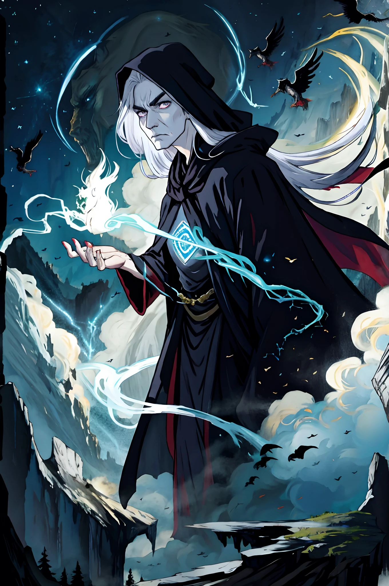 (a unicorn:a griffin in the clouds:0.5) a valiant young sorcerer with mesmerizingly long (midnight black) robes, (crystal forest:volcanic wasteland:0.5), AND Chipped nail polish, flowing cape, enigmatic gaze, (mature face:1.4), angry face