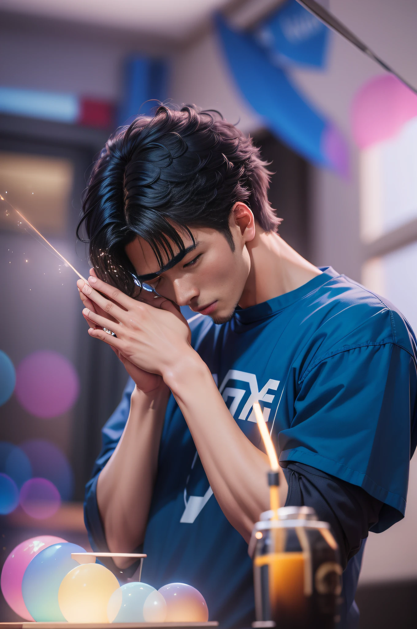 best qualtiy,tmasterpiece,Asian man,A high resolution,1boy,White color blouse,short detailed hair,tiese,Handsome face,Physically,Dingdall effect,realisticlying,Dark Studio,edge lit,twotonelighting,(highdetailskin:1.2),8K UHD, Digital SLR, softlighting, high high quality, volumettic light, sneak shot, photore, A high resolution, 4K, 8K, Background bokeh,