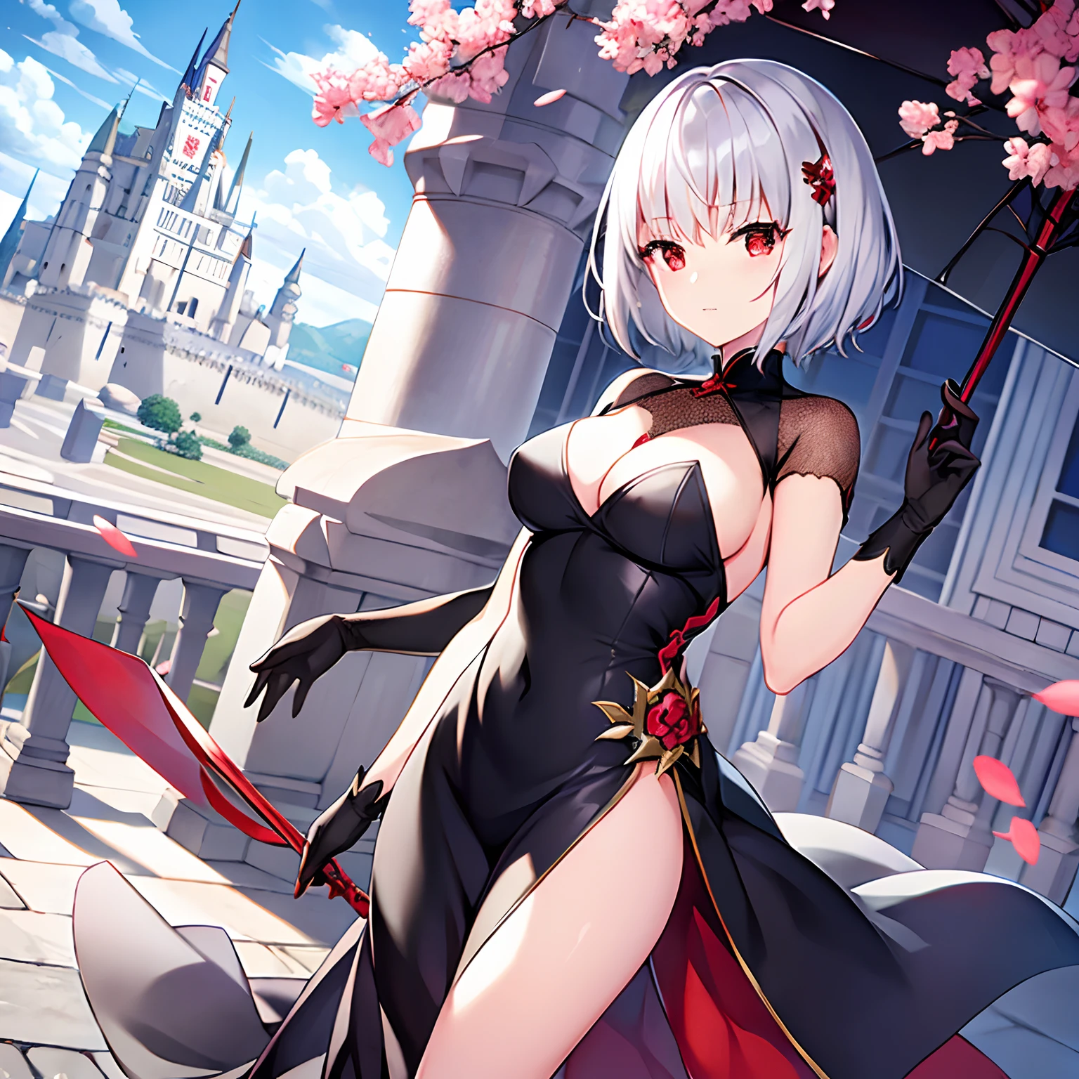 Shorthair、silber hair、red eyes、Beautiful girl alone、独奏、animesque、ninjartist、Castles