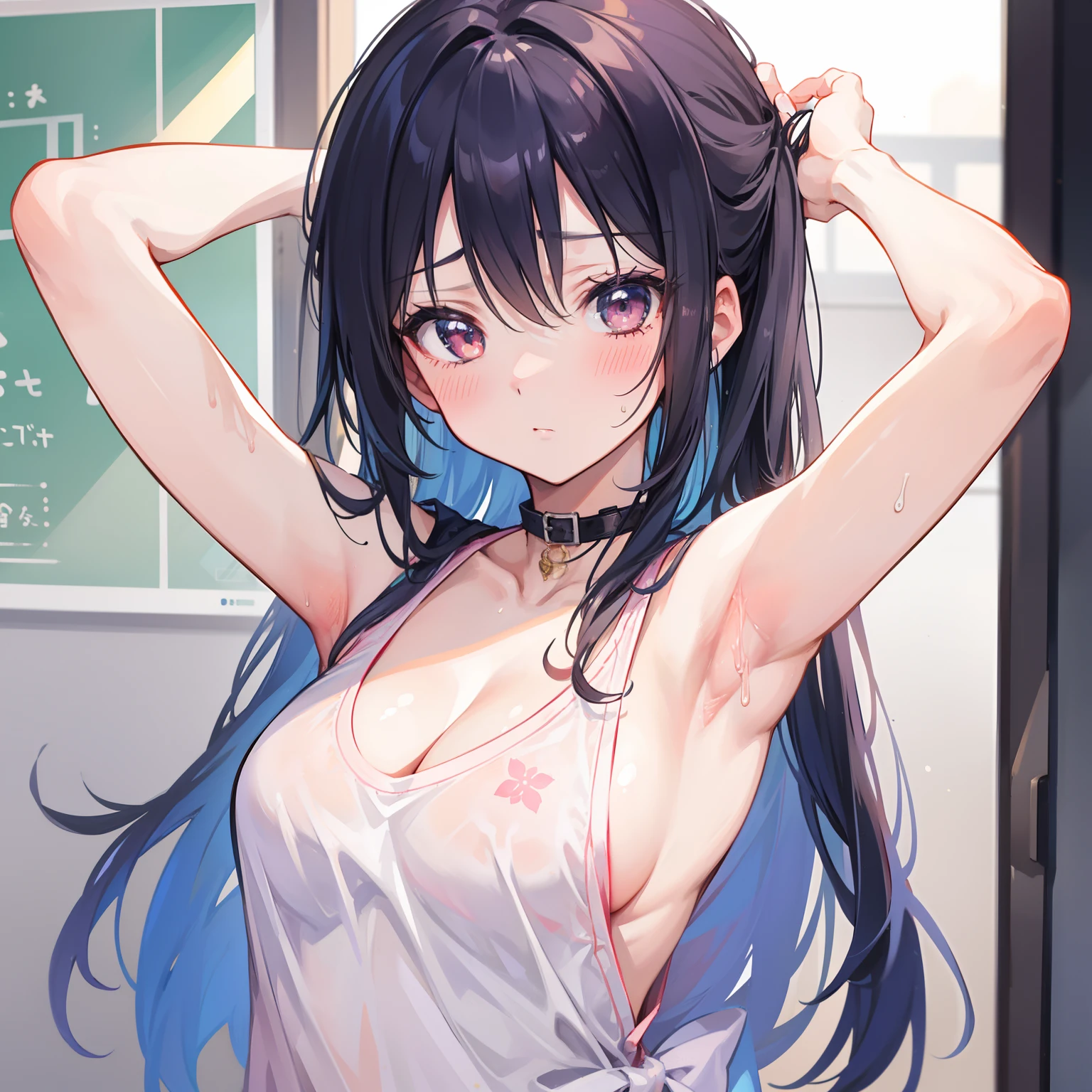 1girl, chizuru, rent-a-girlfriend, close-up on armpits, sweaty, blush