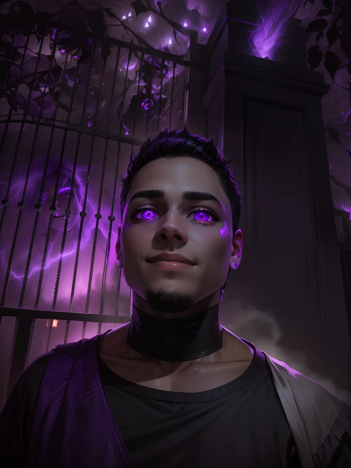dark background, black haired boy with glowing purple eyes, purple thunder falling in each side of the boy, the boy smilling creepy