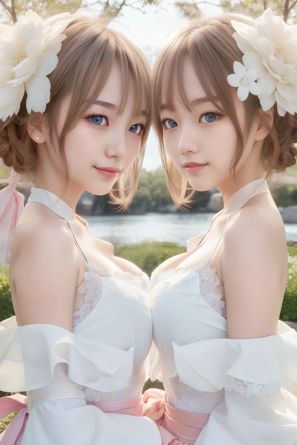 , loving expression, blushing, blue eyes, cleavage, beautiful asian young girl,attractive pose, asian girl, best quality, masterpiece, high_res, 1girl, hair ornament, upon body, photo realistic, (high detailed skin:1.2), 8k uhd, dslr, soft lighting, high quality, volumetric lighting, candid, Photograph, high resolution, 4k, 8k, blonde hair, fluffy chest, teasing smile, loli in dress, kimono , huge breast, twin young girls, asymmetrical docking,off shoulder wedding dress, black dress, white dress, (sfw:1.2), no bra,