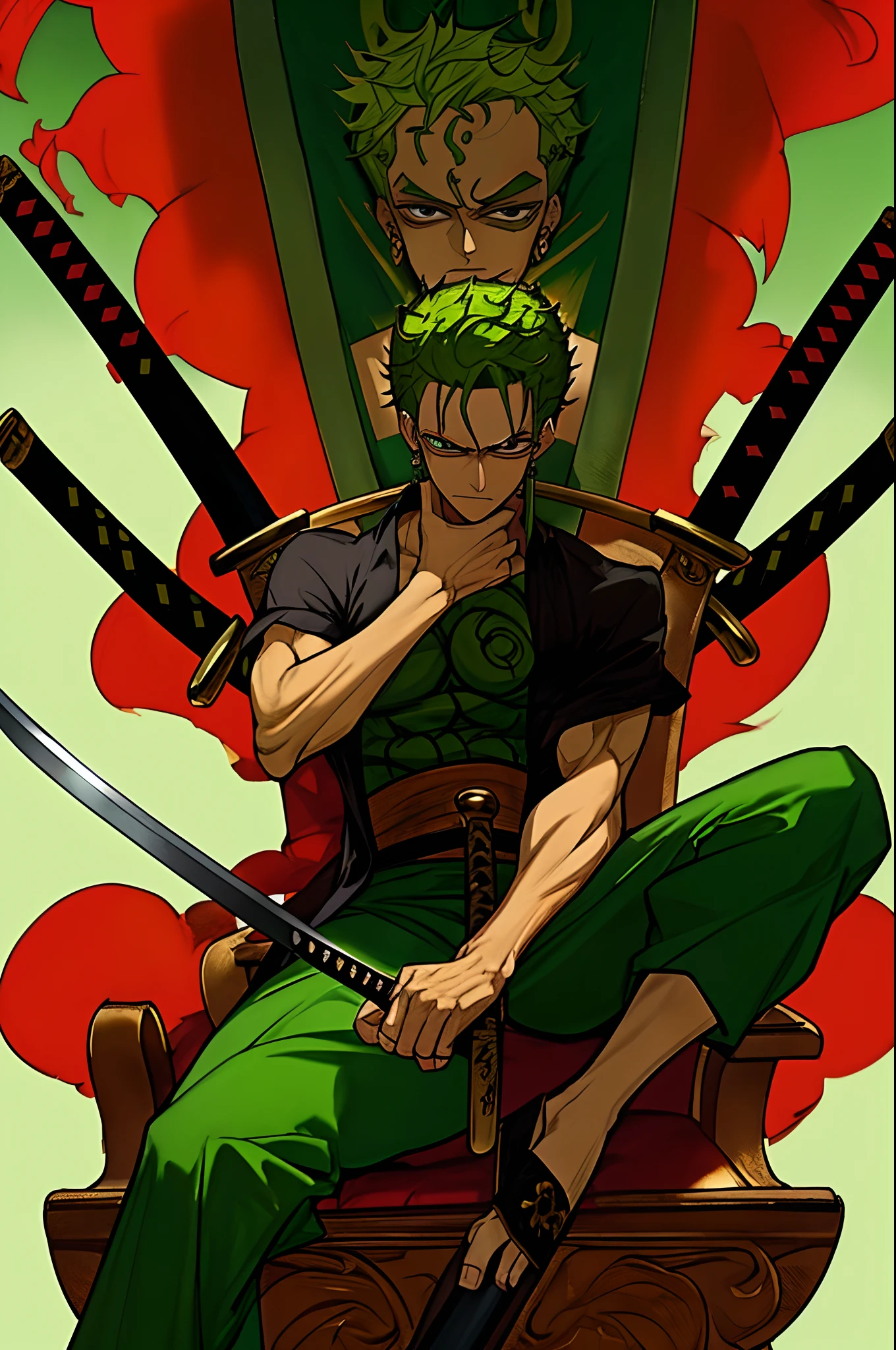 One pice zoro 8k green hair sitting on throne in hell he got two swords in his both hands