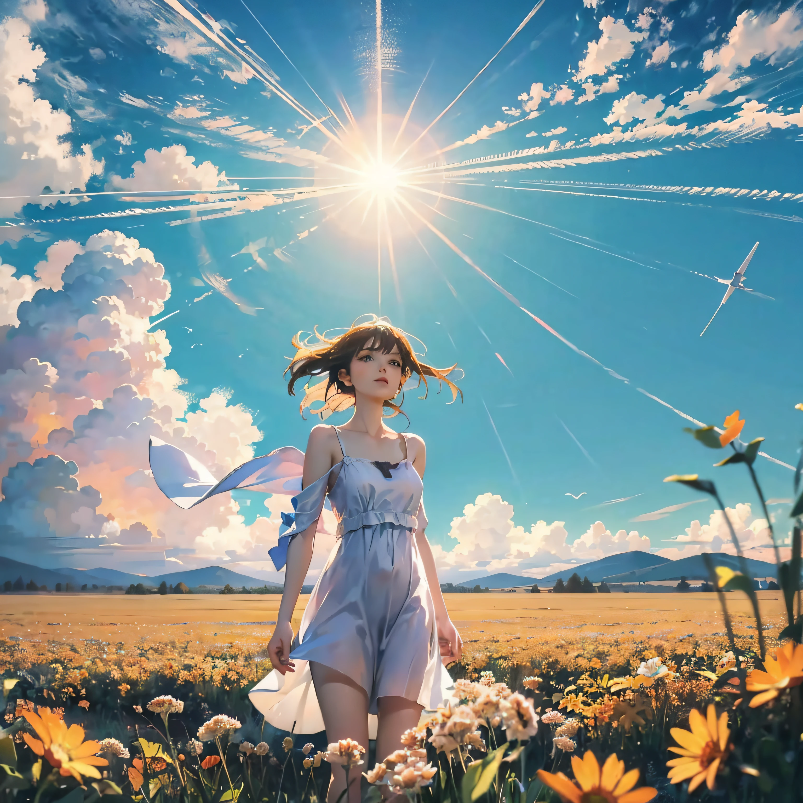 meadow, blue sky, white cumulonimbus, contrails, shining sun, meadow grass swaying in the wind, photo quality, live action, reality, transparency, realistic depiction, 8K quality, UHD, DSLR, high quality, film grain, fujifilm XT3, girl in white camisole dress, standing figure, barefoot, hair swaying in the wind, hair up to shoulders, big, big eyes,