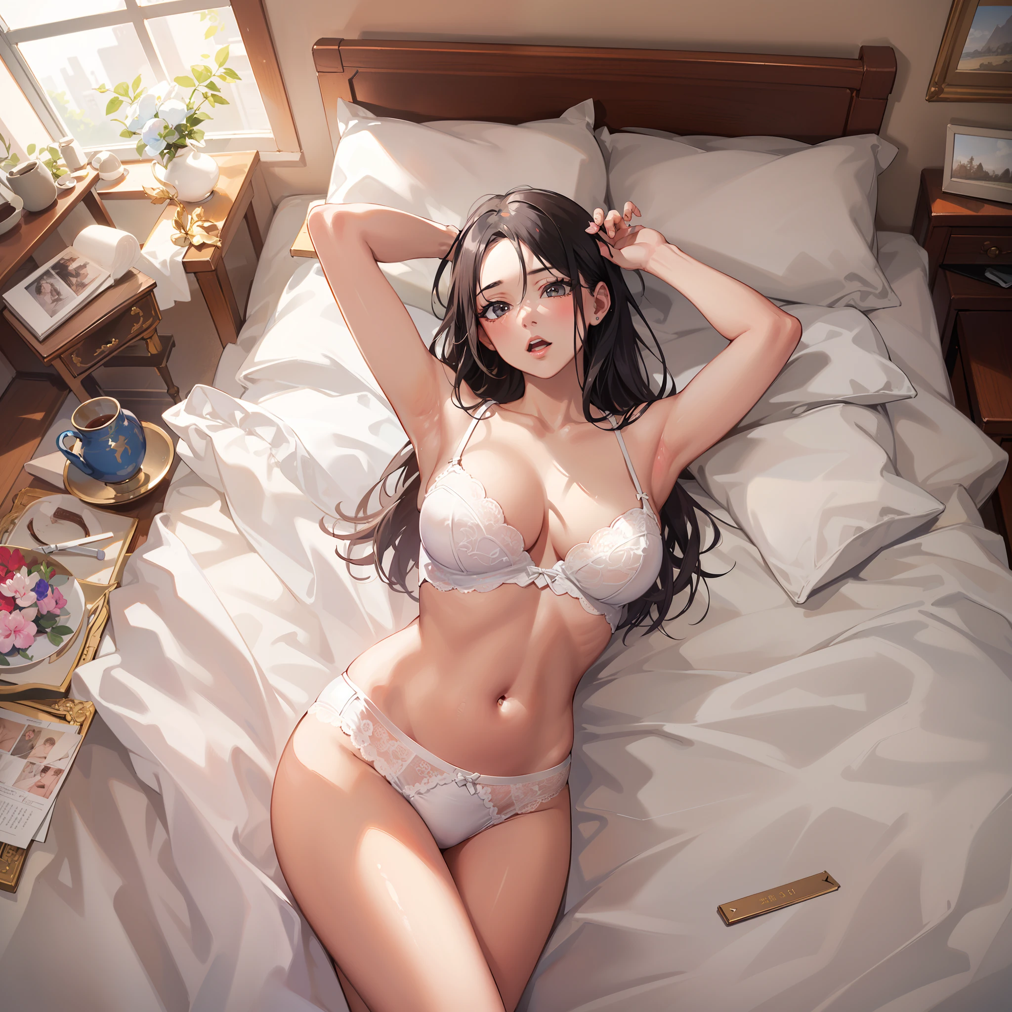 1 girl,Girl and tank, darjeeling, Colossal tits, (White lingerie, White thighs:1.2), Indoors,low angle:1.5,bed,high angle of view,NSFW, Spread ,spreading ass:1.5 ,Put your hands on your buttocks:1.5,8K, (Raw photo: 1.2), (Realism: 1.4), (masutepiece: 1.3), (exquisite detailing: 1.2), Delicate and beautiful details, (Eye Detail), (Facial Detailed), (Highest Quality) :1.4), (Hyper-Resolution: 1.2), cinematric light, (very detailed illustration), (Eyelashes, Best Quality, Super Resolution, depth of fields, Wide light, natural shadows
