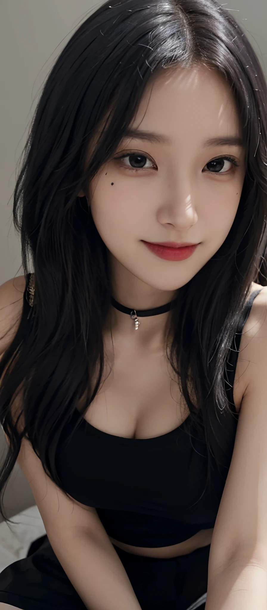 (realistic, high resolution:1.3), (face close up), 1 girl with perfect figure, super fine face and eyes, black hair, long hair, tank top: 1.2 in random colors, short skirt, bridge, big breasts, cleavage, choker, smile