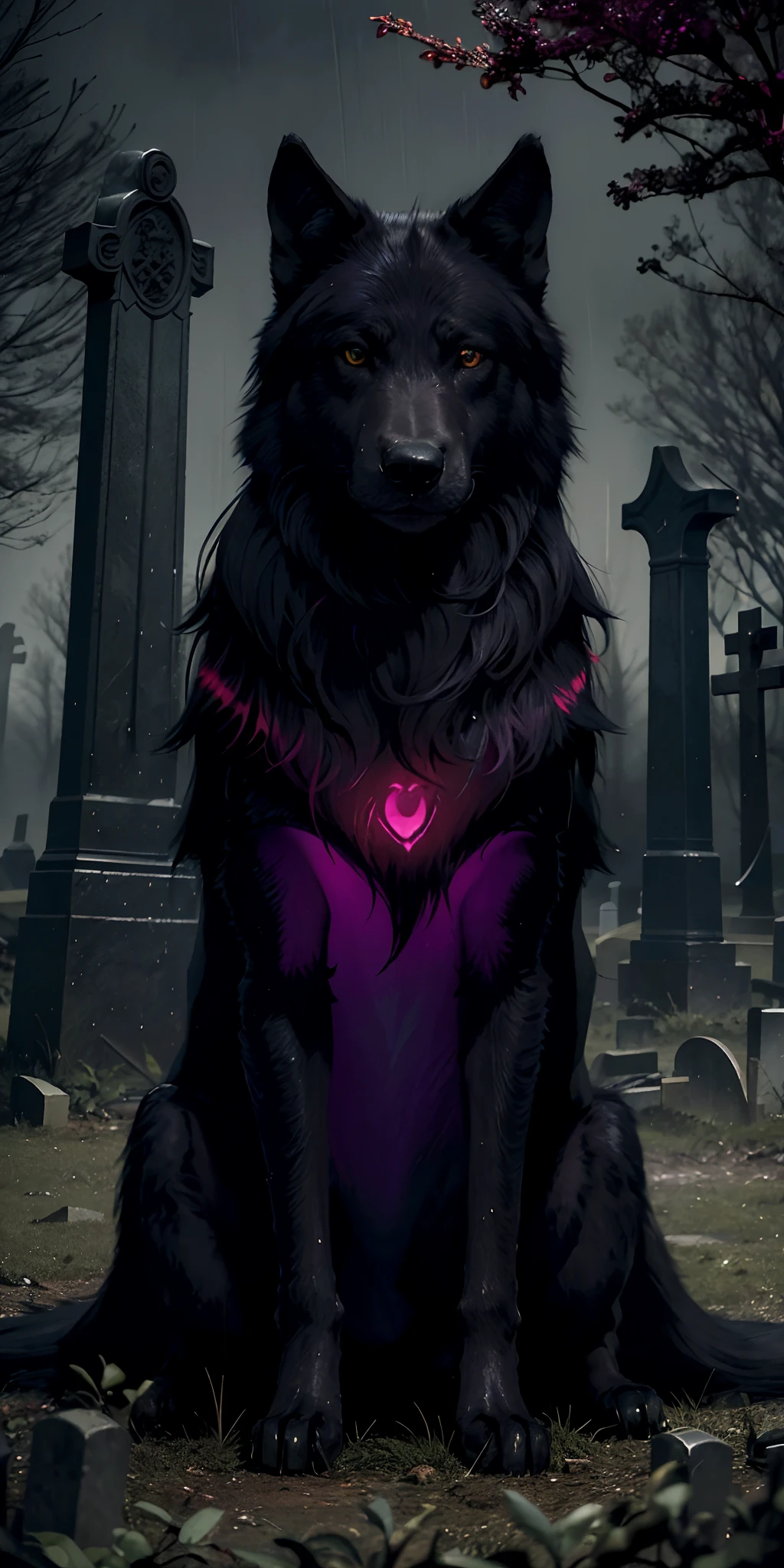"photorealistic, high quality, masterpiece: a haunting rainy graveyard scene with a dark theme, featuring a majestic big black wolf with hints of purple and highlights of purple, captivating bright blue glowing eyes."