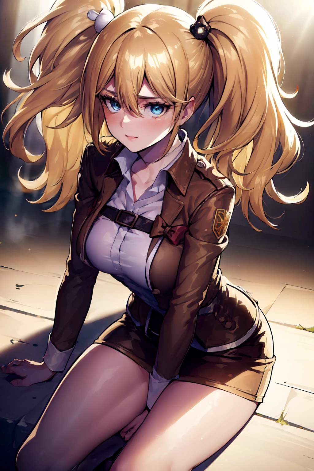 (day:1.7), Forest background,
sitting on the floor,
brown jacket,long sleeves,thigh strap,white shirt, military uniform,belt, Black_pencil_skirt,
thigh strap, thighs,
blonde hair,blue eyes,bangs, Long_hair,(hair between eyes:1.3),
1 girl, 20yo,mature female,Beautiful Finger,Beautiful long legs,Beautiful body,Beautiful Nose,Beautiful character design, perfect eyes, perfect face,
looking at viewer, in the center of the image,focus on face,
NSFW,official art,extremely detailed CG unity 8k wallpaper, perfect lighting,Colorful, Bright_Front_face_Lighting,
(masterpiece:1.0),(best_quality:1.0), ultra high res,4K,ultra-detailed,
photography, 8K, HDR, highres, absurdres:1.2, Kodak portra 400, film grain, blurry background, bokeh:1.2, lens flare, (vibrant_color:1.2)
(Beautiful,Large_Breasts:1.2), (beautiful_face:1.5),(narrow_waist),