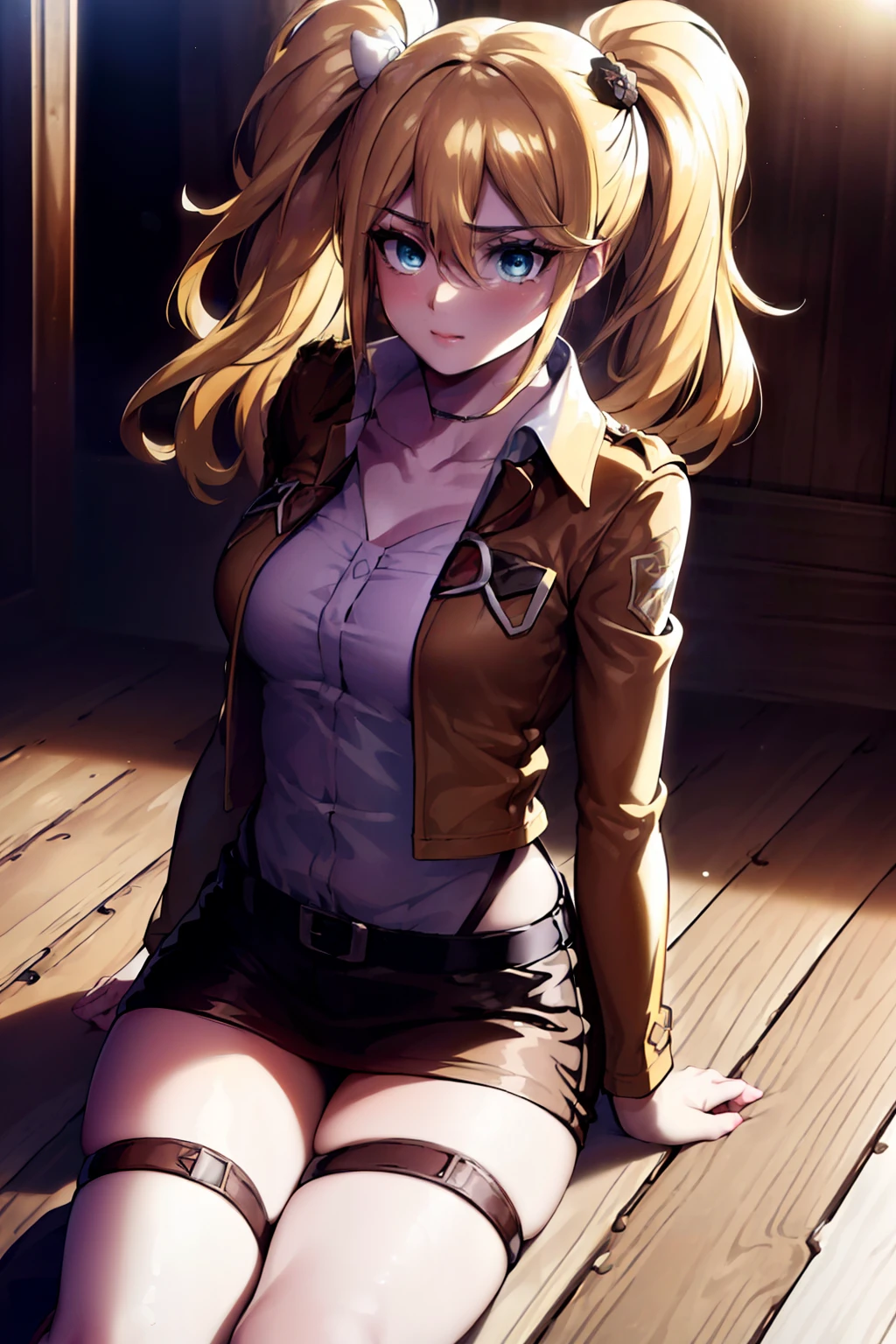 (day:1.7), Forest background,
sitting on the floor,
brown jacket,long sleeves,thigh strap,white shirt, military uniform,belt, Black_pencil_skirt,
thigh strap, thighs,
blonde hair,blue eyes,bangs, Long_hair,(hair between eyes:1.3),
1 girl, 20yo,mature female,Beautiful Finger,Beautiful long legs,Beautiful body,Beautiful Nose,Beautiful character design, perfect eyes, perfect face,
looking at viewer, in the center of the image,focus on face,
NSFW,official art,extremely detailed CG unity 8k wallpaper, perfect lighting,Colorful, Bright_Front_face_Lighting,
(masterpiece:1.0),(best_quality:1.0), ultra high res,4K,ultra-detailed,
photography, 8K, HDR, highres, absurdres:1.2, Kodak portra 400, film grain, blurry background, bokeh:1.2, lens flare, (vibrant_color:1.2)
(Beautiful,Large_Breasts:1.2), (beautiful_face:1.5),(narrow_waist),
