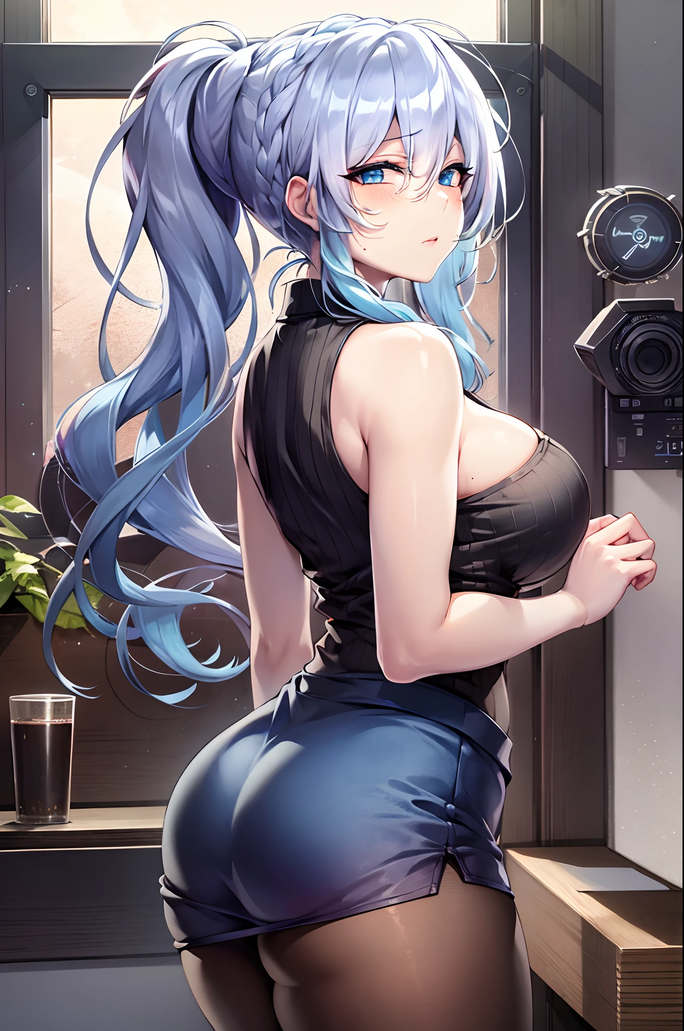 masterpiece, ultra-detailed hair, better lights, better shadows,1girl, yukino, breasts, skirt, silver hair, solo, long hair, large breasts, blue eyes, braid, ass, looking at viewer, braided ponytail, hair ornament, sleeveless, hair flower, white skirt, shirt, indoors, flower, looking back, bangs, bare shoulders, pantyhose, from behind, window, thighs, mole under eye, sleeveless shirt, black shirt, blush, bare arms, office lady, very long hair, plant, contemporary, parted lips, miniskirt, single braid, closed mouth, blue flower, pantylines, ribbed shirt,
