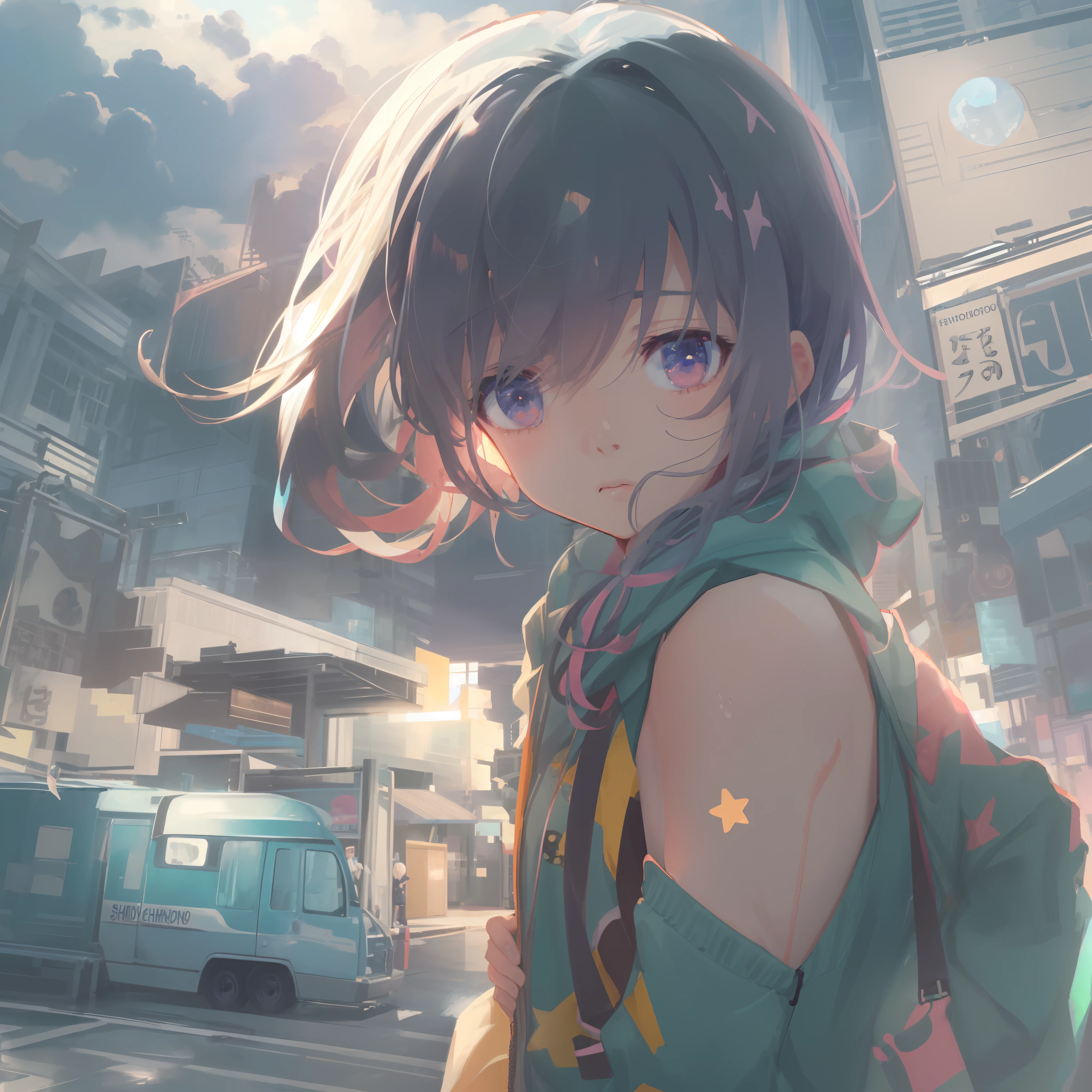 Weather Child、(poneyTail、Sleeveless Hoodie、Short pants)、Makoto Shinkai Texture、shooting stars、Sunnyday、(The ultra-detailliert)