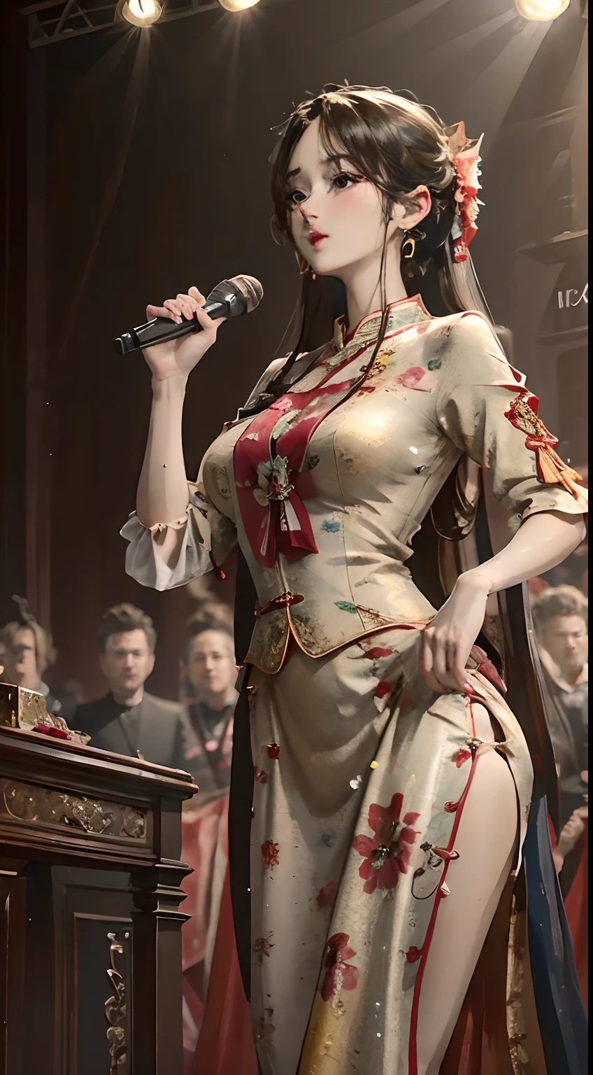 (8K, Best quality, Masterpiece:1.2), (Realistic, photo-realistic:1.37), Ultra-detailed, Idol singer,Mature and feminine,Stage,long skirt,holding a mic,8K,super-fine,Spotlights