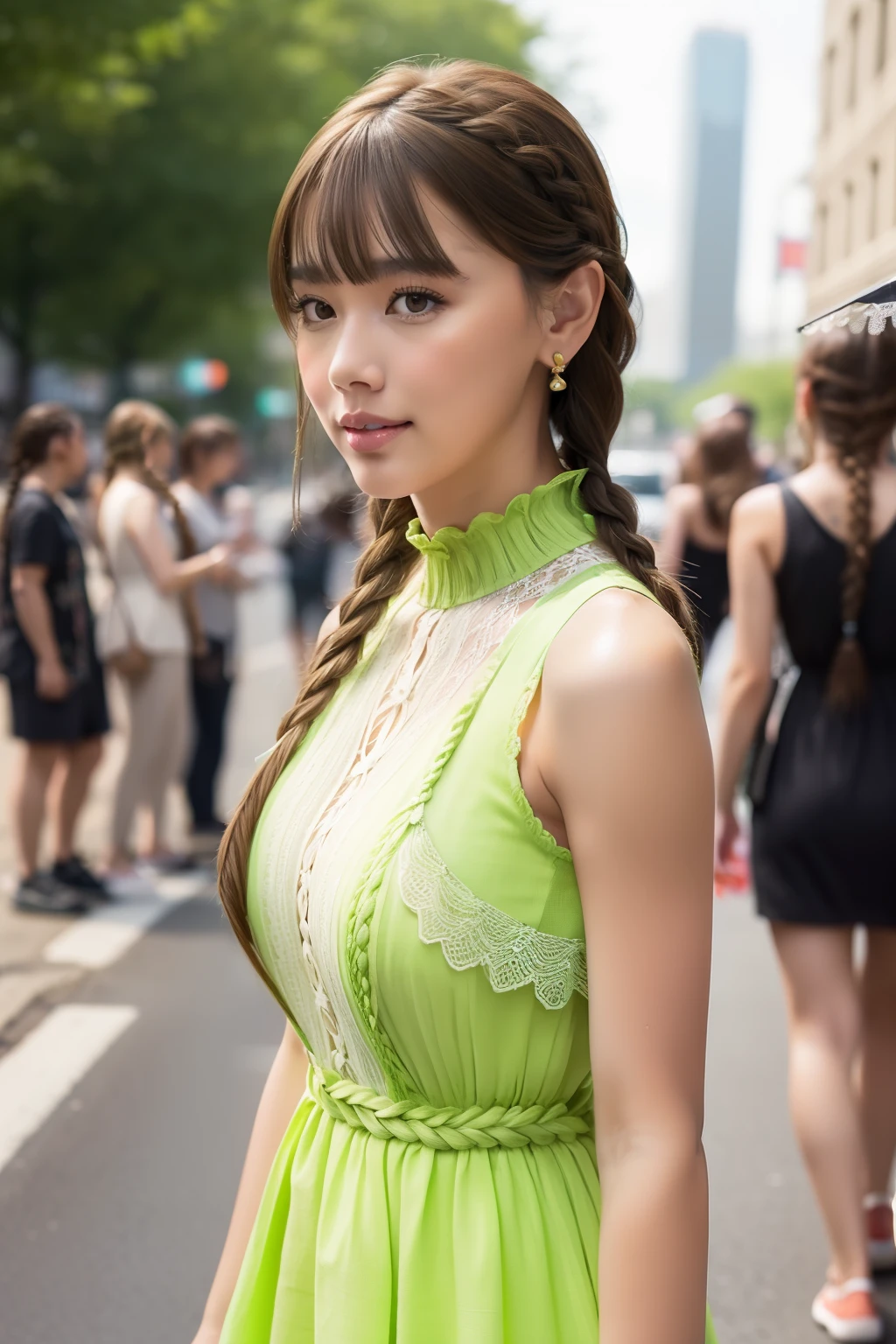 a woman posing on the street corner with light green dress on, best quality, 1girl, large breasts, day, bright, blur background, bokeh, outdoor, (street:0.8), (people, crowds:1), (lace-trimmed dress:1.5, sleeveless dress, light green clothes:1.5, light green high-neck dress:1.5, orange dress: 1.5), gorgeous, (braided bangs:1.5), beautiful detailed sky, beautiful earrings, (dynamic pose:0.8), (upper body:0.8), soft lighting, wind, shiny skin,