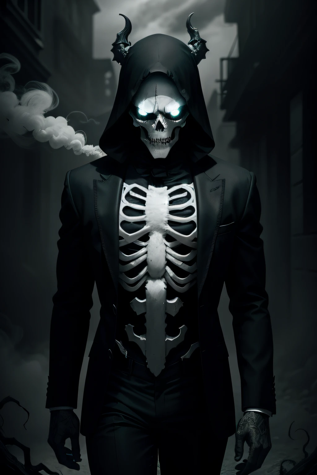 Skeleton suit horror,Black and white tones,Spooky atmosphere,Full shades,Devilish eyes,Sharp blade,Shabby background,Hazy lighting effects,Surrounded by smoke,As night fell。