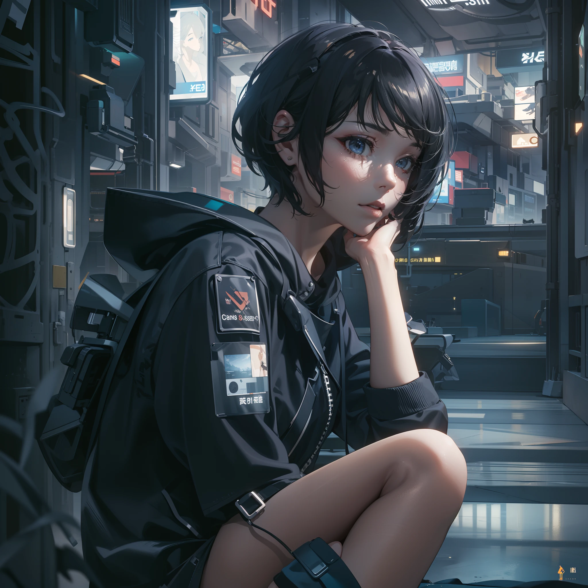 cyberpunked,Cyber City:1.8,Hi-Tech,High-tech townscape,Blowing in the wind,Relaxing girl,Shorthair,High-tech room:1.6,Cyberpunk Room:1.3,(8K), (Raw photo: 1.2), (Realism: 1.4), (masutepiece: 1.3), (exquisite detailing: 1.2), Delicate and beautiful details, (Eye Detail), (Facial Detailed), (Highest Quality) :1.4), (Hyper-Resolution: 1.2), cinematric light, (very detailed illustration),Best Quality,depth of fields, Wide light, natural shadows