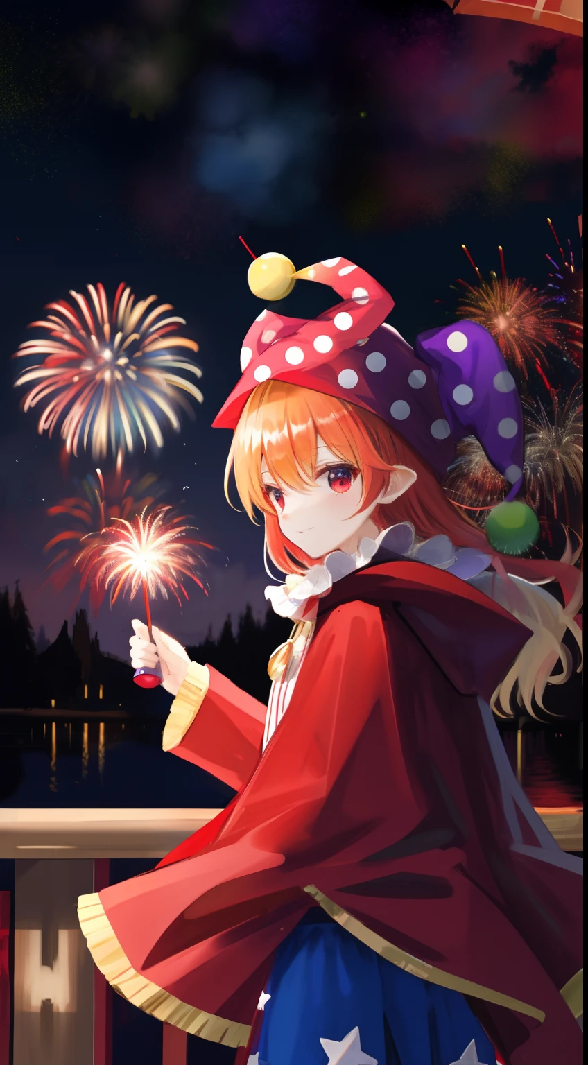 Clownpiece,Fireworks, Night,Red cloak,Fly up