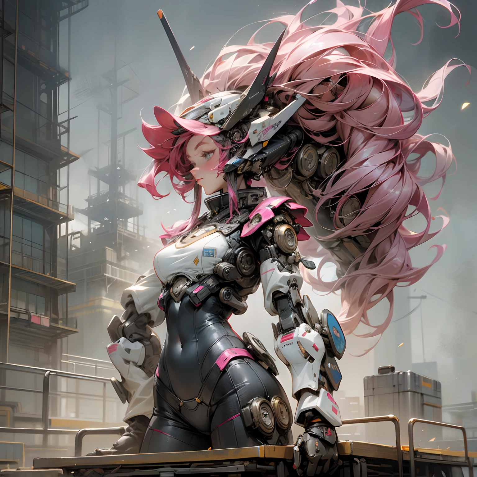 (mechanical parts:1.2), pretty 1girl, absurdres, 8k uhd, platinum pink hair, ponytail, bangs, (cyber tentacles:1.2), giant breasts, smirking, elven ear, green glowing chest, open navel, golden machinery background, (wheels:1.2), (giant robots:1.2), (masterpiece:1.3), (best quality:1.1), (intricate detail:1.1), (crouching on floor:1.5), (eva:1.2)