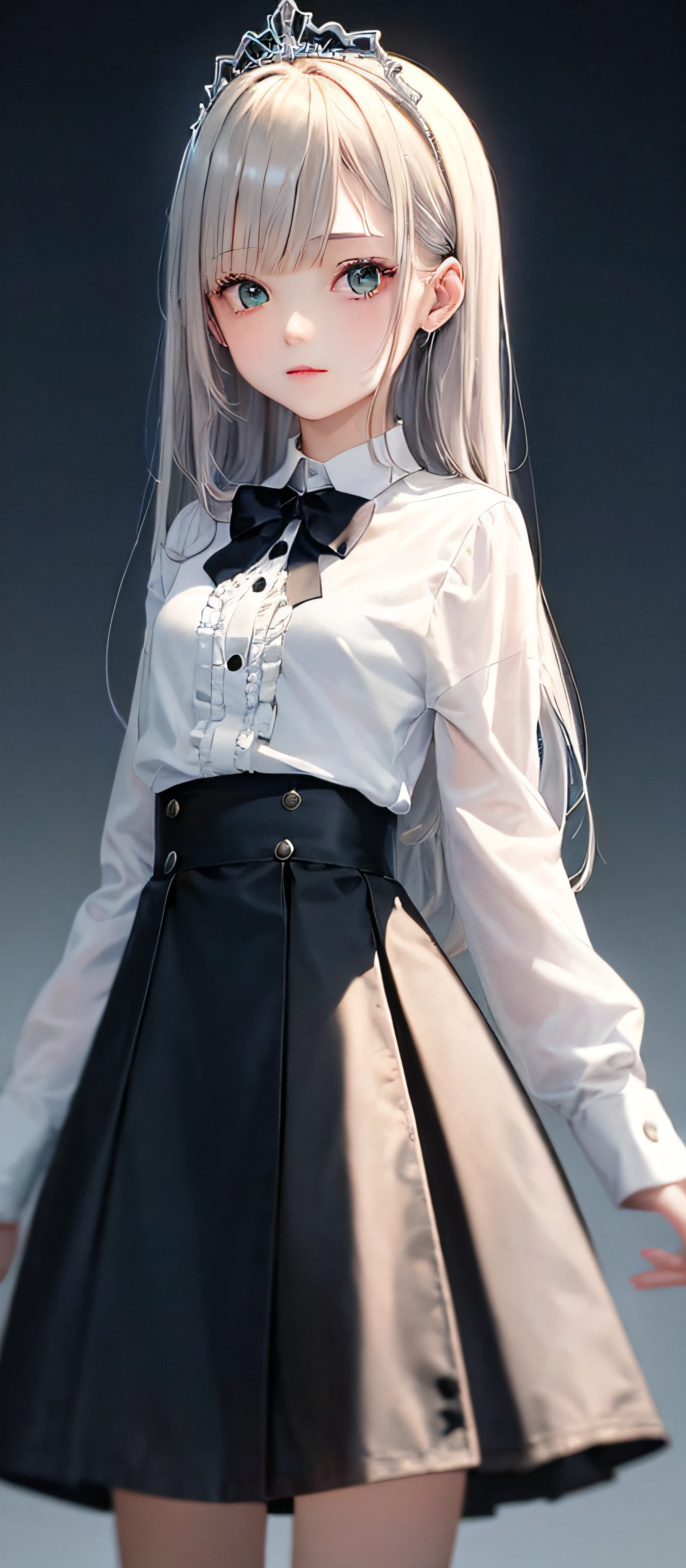 1girl, (masterpiece:1.1), (best quality:1.1), (white blouse:1.1), (checkered skirt:1.1), school uniform, high-waist skirt, BREAK [blue:pink:0.5] theme, (gradient background:1.1), cowboy shot, BREAK silver hair, long hair, , green eyes, intricate detailed tiara, looking to the side,