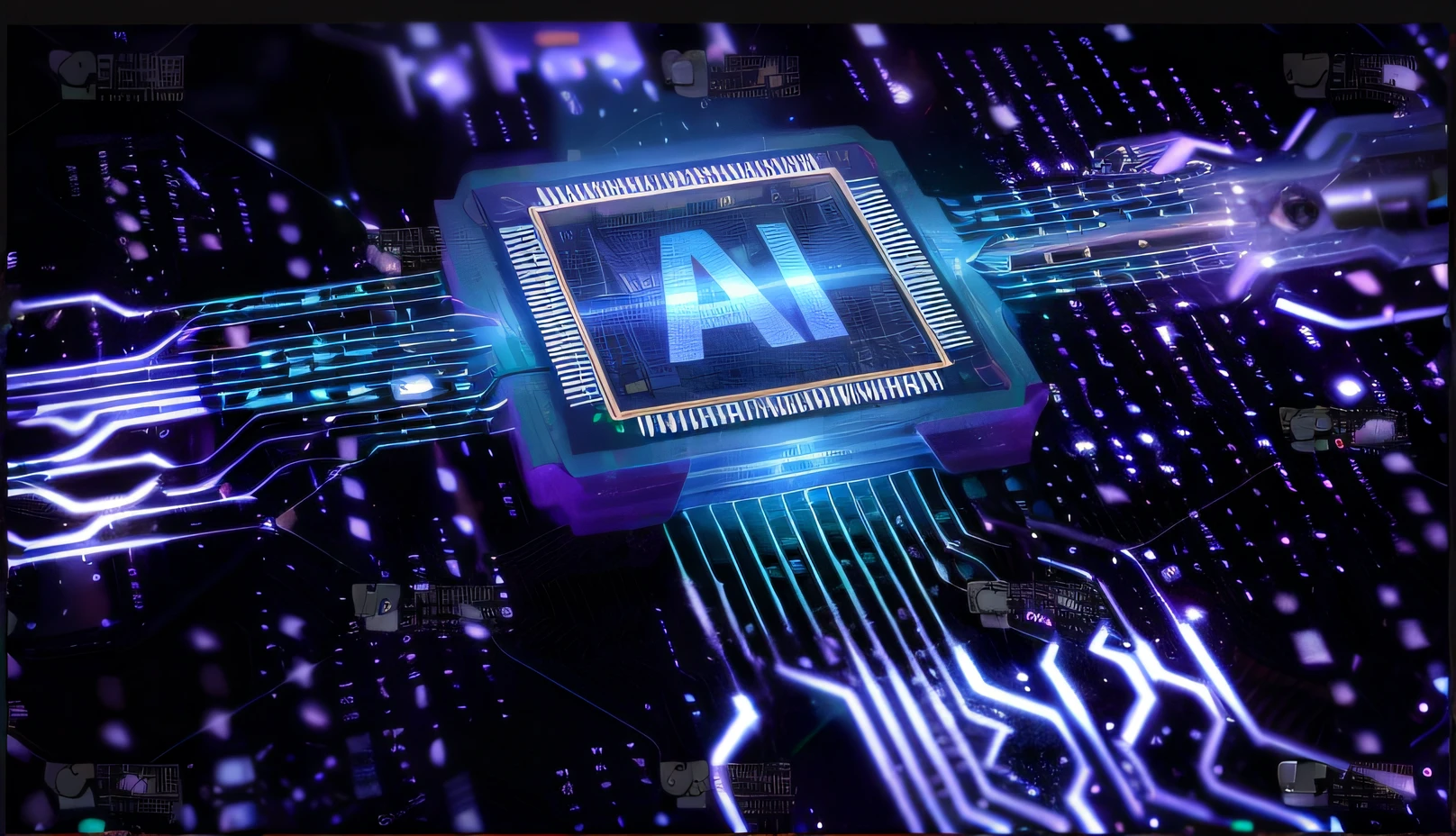 A computer chip with the letter A，Surrounded by blue and purple lights, Artificial intelligence, strong artificial intelligence, artificial intelligence machine, with ai theme, neuromorphic chip, best ai image, Artificial intelligence!!, Artificial intelligence logo, ai startup, cyber augmentation implant, the ai, ai enhanced, endless collaboration with ai, ai enhanced digital art