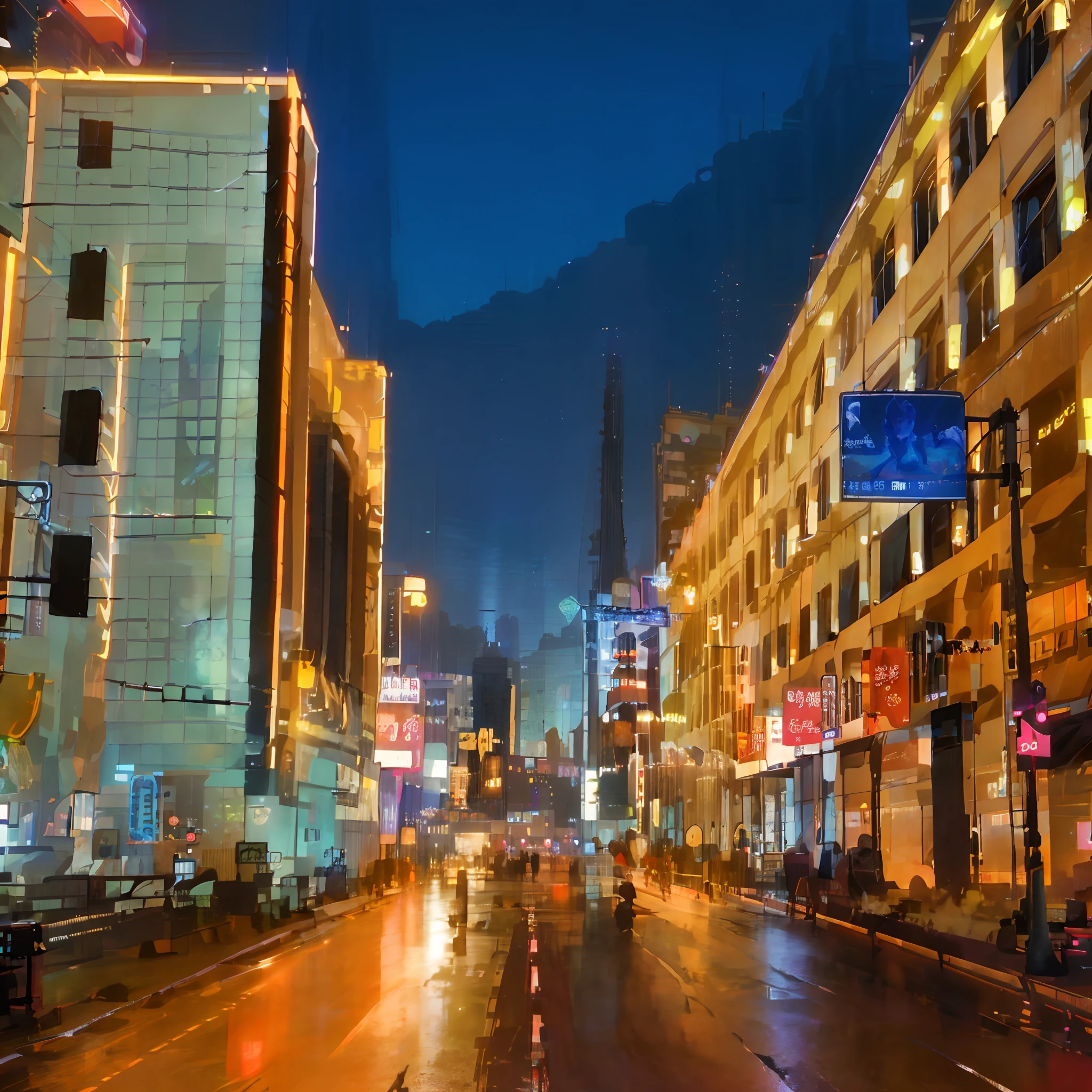 ((best qualtiy)), ((tmasterpiece)), (the detail:1.4), 3D, A cool cyberpunk city night,HDR（HighDynamicRange）,Ray traching,NVIDIA RTX,Super-Resolution,Unreal 5,Subsurface scattering、PBR Texture、post-proces、Anisotropy Filtering、depth of fields、maximum definition and sharpness、Many-Layer Textures、Albedo e mapas Speculares、Surface Coloring、Accurate simulation of light-material interactions、perfectly proportions、Octane Render、Two-colored light、largeaperture、Low ISO、White balance、the rule of thirds、8K RAW、Night view of city streets with heavy traffic, in city street at night, street city night, baotou china, futuristic phnom-penh cambodia, nighttime photography, blue hour photography, photography shot at blue hour, street night, Night Street, at night with neon lights, early evening, night photo, hd photography street, nighttime photography