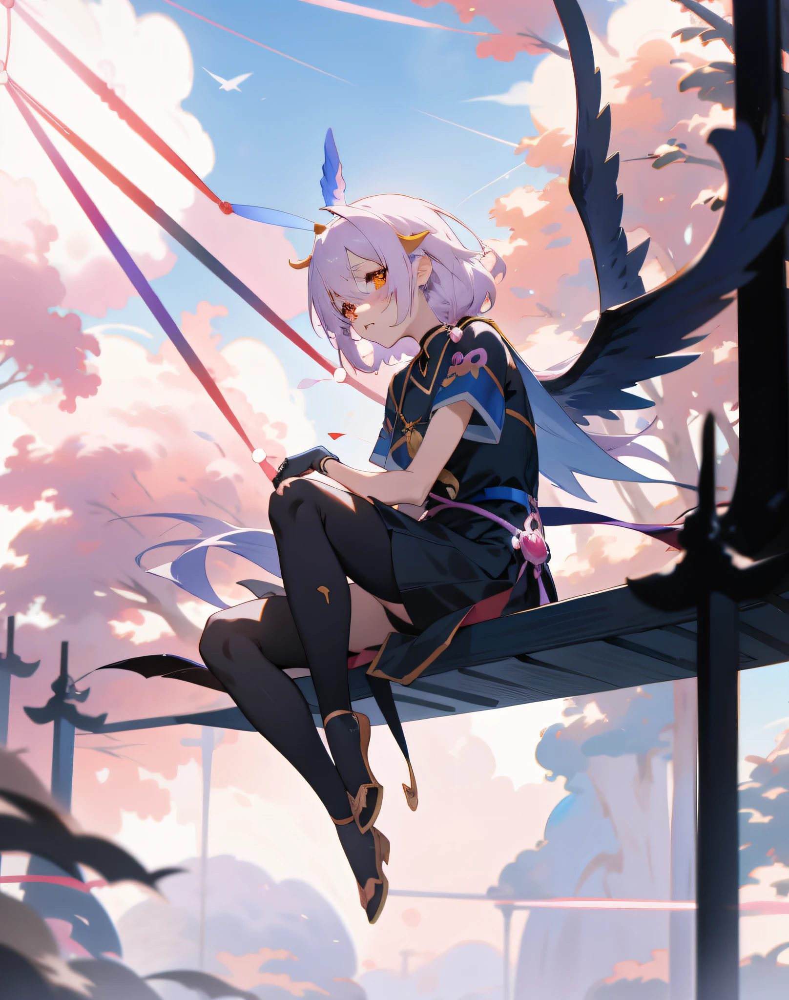 anime girl sitting on a bench with wings in the sky, demon anime girl, digital art on pixiv, anime style 4 k, anime art wallpaper 8 k, anime art wallpaper 4k, anime art wallpaper 4 k, trending on artstation pixiv, anime goddess, by Yang J, by Shitao, anime fantasy illustration, anime fantasy artwork