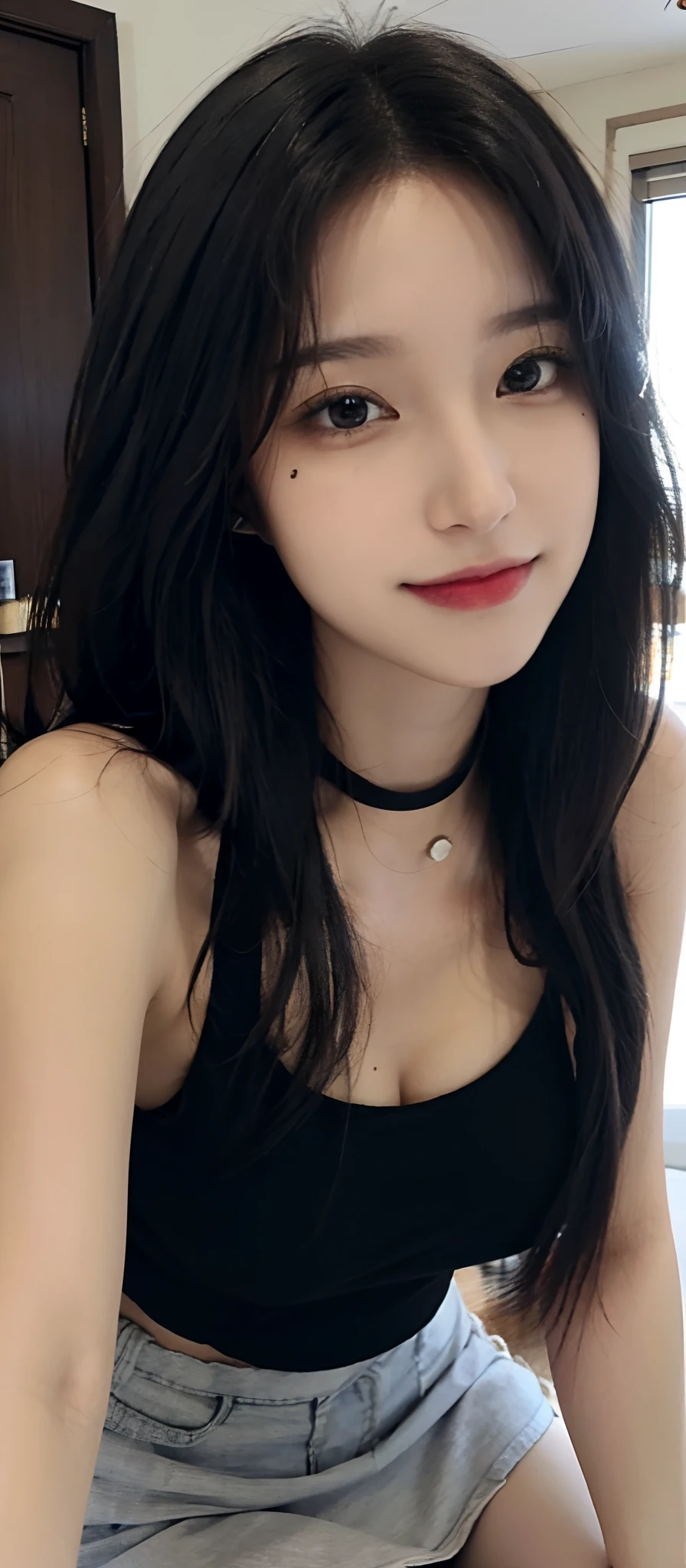(realistic, high resolution:1.3), (face close up), 1 girl with perfect figure, super fine face and eyes, black hair, long hair, tank top: 1.2 in random colors, short jeans, in a café, coffee on the table, big breasts, cleavage, choker, smile