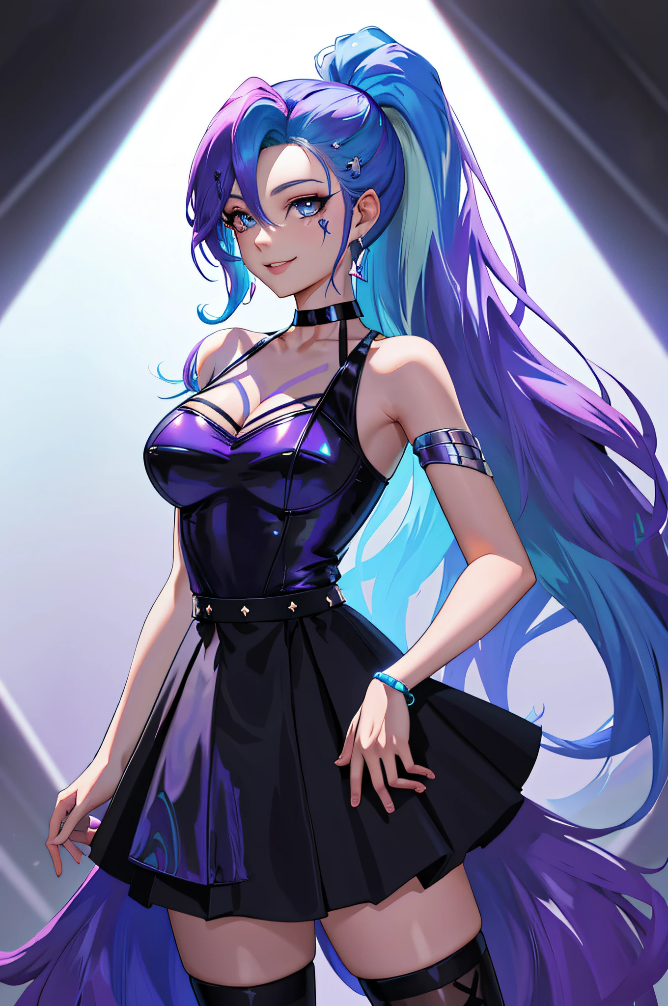 masterpiece, best quality, highres, seraphine1, 1girl, solo, blue hair, k/da \(league of legends\), very long hair, multicolored hair, jewelry, ponytail, blue eyes, earrings, dress, black choker, two-tone hair, purple hair, black thighhighs, bracelet, black skirt, crystal, large breasts, cowboy shot, smile,