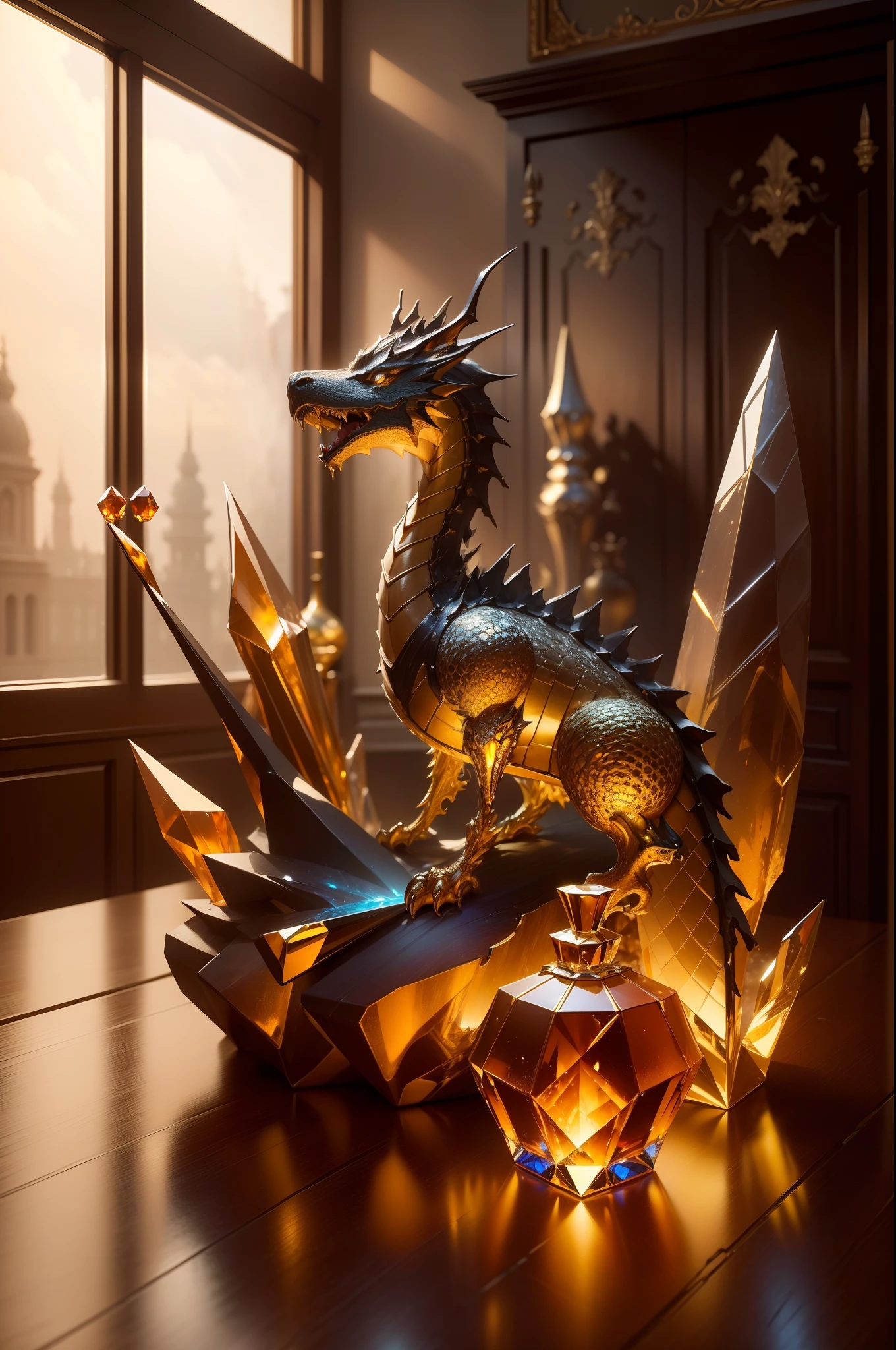 (Masterpiece, Top Quality, Best Quality, official arts, beautiful and aesthetic:1.2),(8K, Best Quality, Masterpiece:1.2),CGbottlesw, NOhumans, still life, reflection, gemstone, crystal, bottles, Metal sculptures, Metal sculptures with glass bottles on them, Golden Dragon,