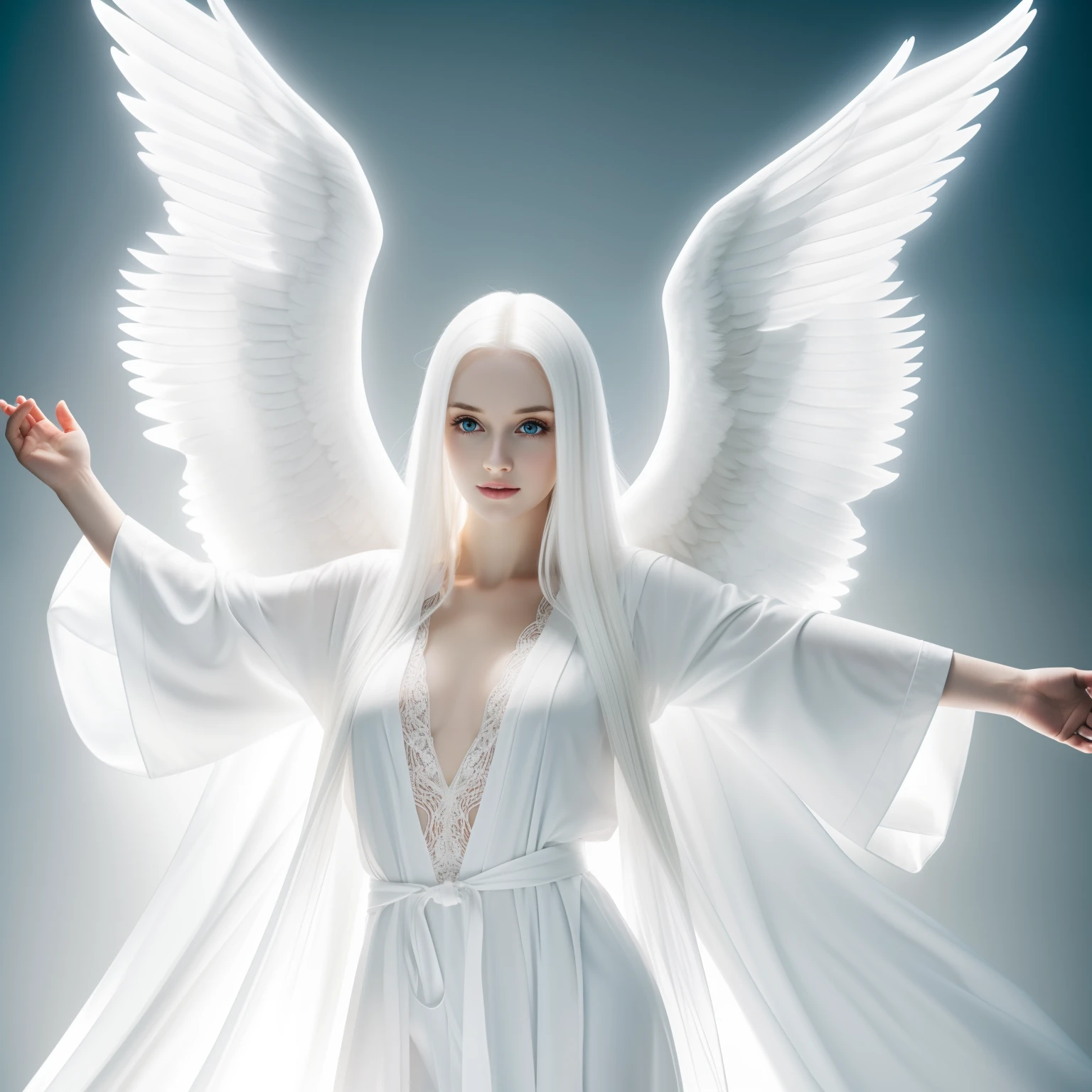 Angelic woman, glowing, pale skin, long white hair, bright eyes, white robe, open arms