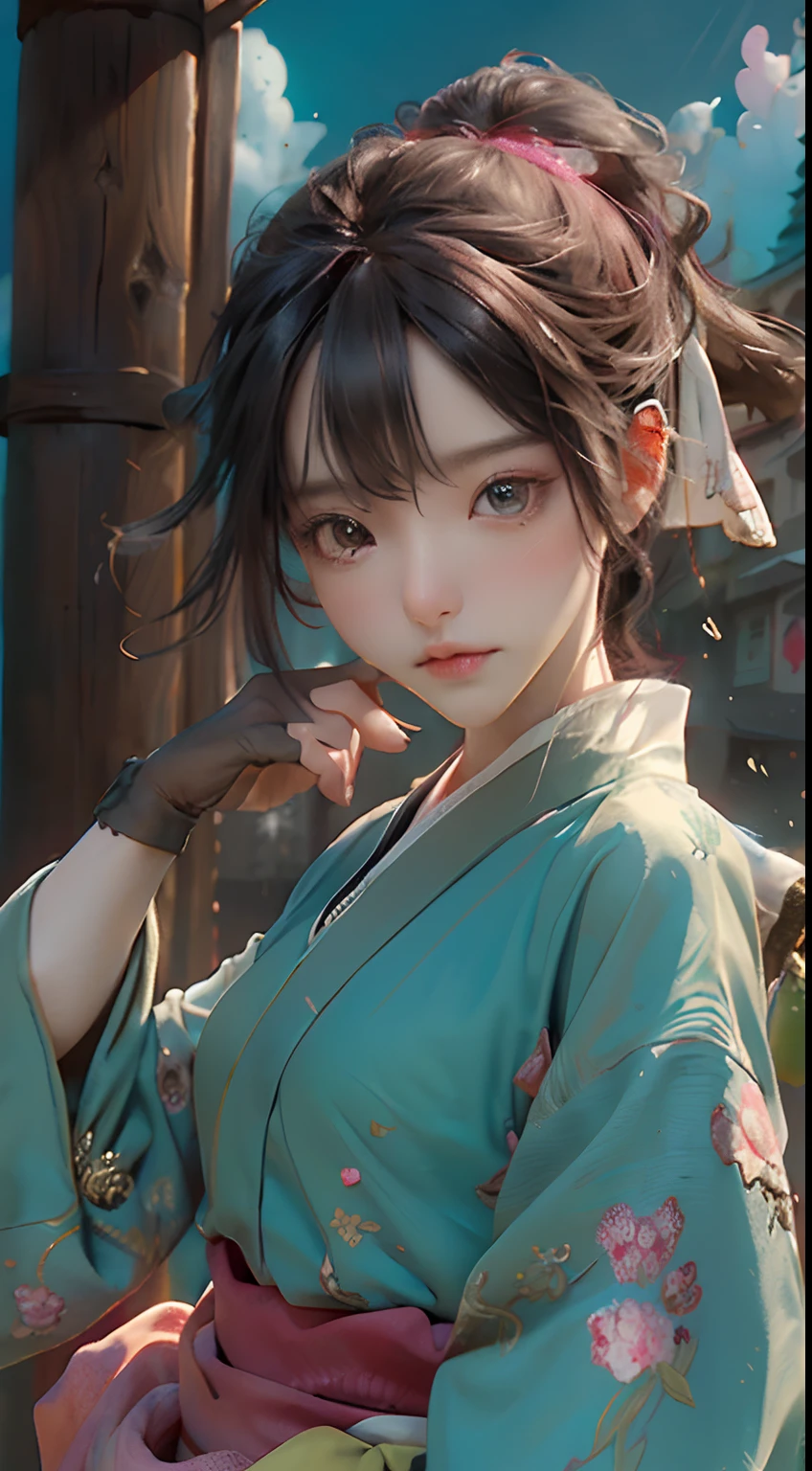 (8k、RAW Photography:1.2)、top-quality、超A high resolution、dramaticangle、(fluttered detailed color splashs)、(illustratio)、(a japanese girl)))、(cabelos preto e longos)、(Sateen:0.9)、(bow ribbon)、There is an ancient palace next to the girl、 Hanff、(emphasized)、 Color ink painting、(splashed color)、splashed color、(((colourfull)))、(Sketched:0.8)、​masterpiece、top-quality、beautiful painted、ighly detailed、(denoise:0.6)、[splash ink]、((ink refraction))、(Beautiful detailed sky)、 a moon, muito, detaileds, (​masterpiece, top-quality, ighly detailed) CG unity 8k wallpaper, ​masterpiece, top-quality, ultra-detailliert), (garlic),Ninja attire、hand armor
