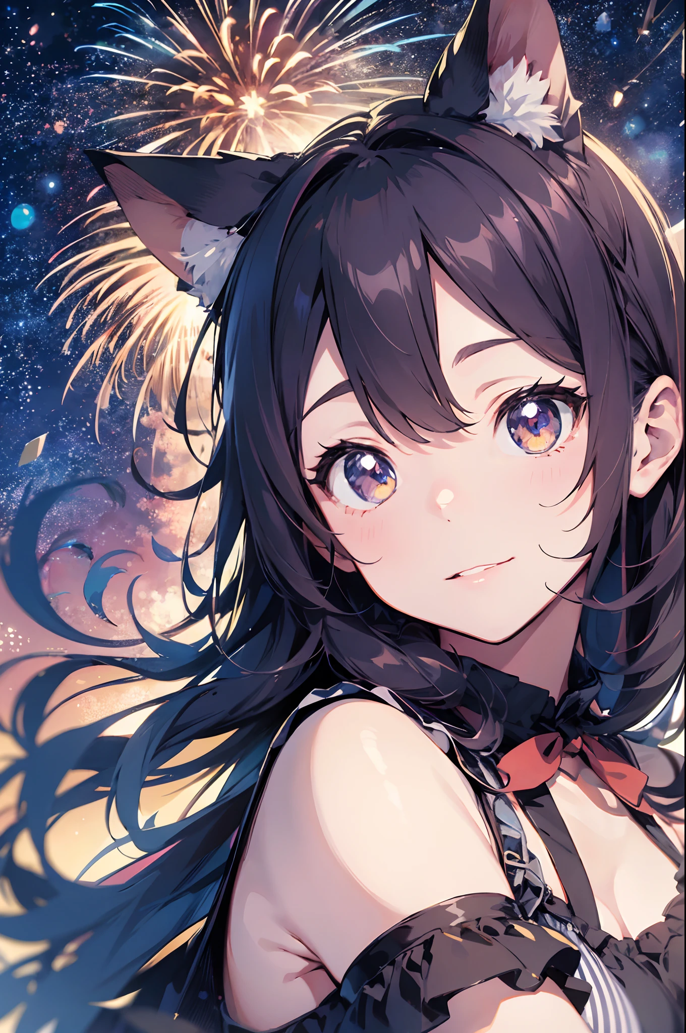 Anime cat-eared girl in bikini with cat ears, shoulder looking, anime drawing by Yang J, pixiv contest winner, serial art, digital anime illustration, kawashi, anime style illustration, anime style 4K, beautiful anime portrait, anime style portrait, anime style artwork, Guweiz style artwork, Anime Illustration, Digital Anime Art, Detailed Digital Anime Art, Beautiful Starry Sky, Fireworks