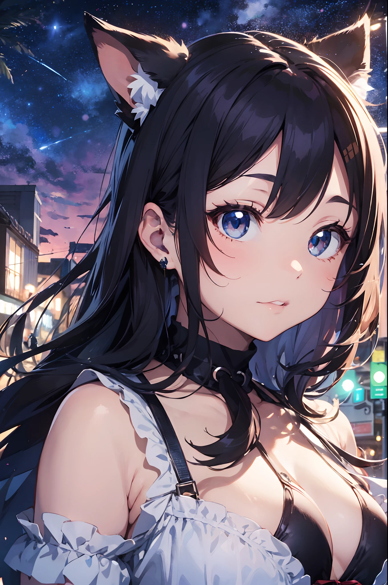 Anime girl with long black hair and blue eyes in a city - SeaArt AI