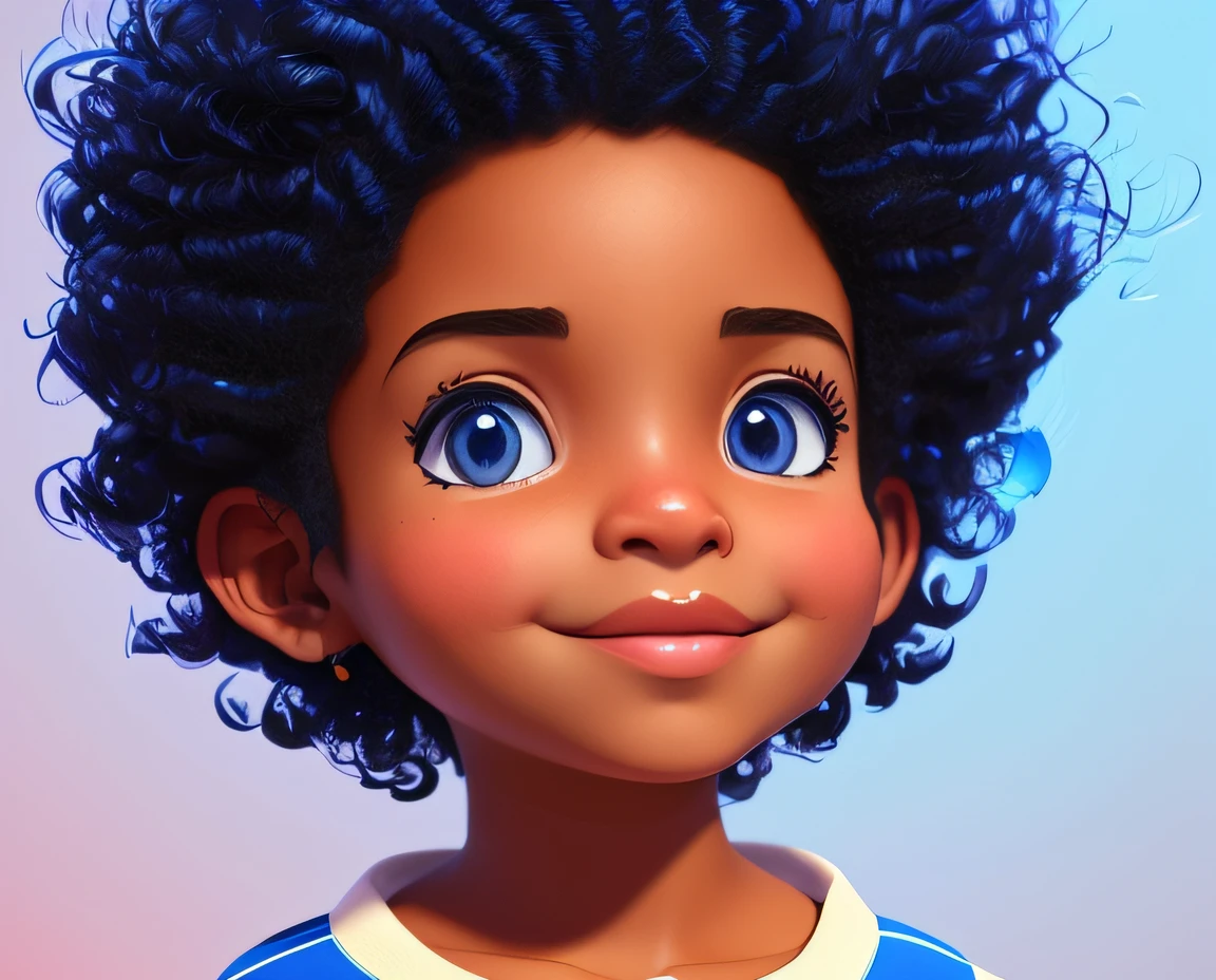Menina dos desenhos animados com cabelo cacheado e uma camisa azul, painting digital adorable, Arte infantil em Artstation, arte digital detalhada bonito, stunning digital illustration, pintura digital dos desenhos animados, bonito 3 d render, Personagem de close up, Beautiful digital illustration, 3 d render stylized, retrato de personagem de closeup, arte de pintura digital dos desenhos animados, Cartoon style illustration, Menina africana de pele clara, arte digital bonito