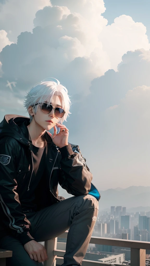 Anime, 1boy, 8k quality, Korea, wearing a jacket, white hair,Wear sunglasses, handsome