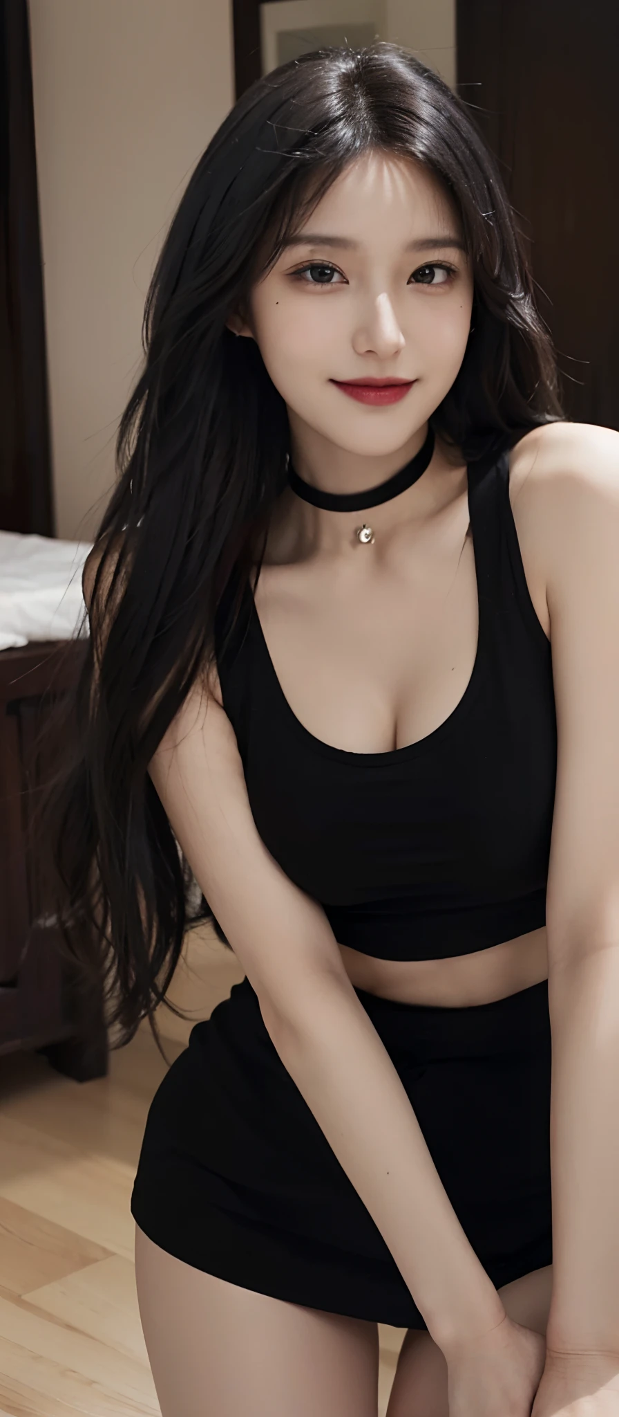 top-quality、​masterpiece、超A high resolution、(Photorealsitic:1.4)、Raw photo、1 Japan Female、finely detailed face and eyes、Facing diagonally to the left toward the camera、cabelos preto e longos、Sad and terrified face、Fearful face、Wearing a chain collar、Transparent ultra-thin bra、Sheer little panties 、beautiful slim legs， huge-breasted，exhibitionists，Hairless genital exposure、Hospital in the dark night、Being on all fours