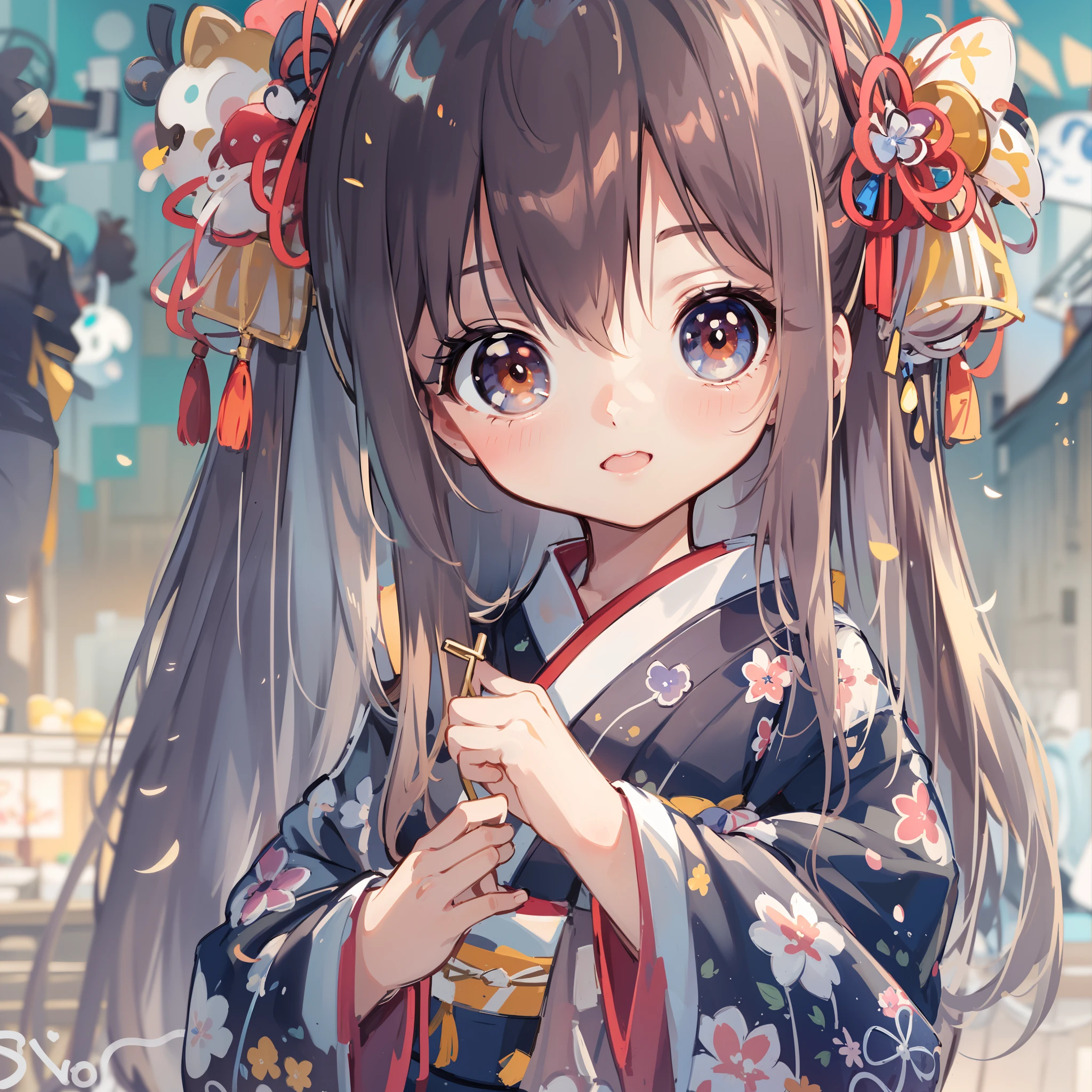 Chibi:1.8,Komono,Girl in Yukata,Blowing in the wind,Summer Festivals,natta,food stand,Spirit Stream,Big  Fireworks:1.7,poneyTail,(masutepiece: 1.3), (exquisite detailing: 1.2), Delicate and beautiful details, (Eye Detail), (Facial Detailed), (Highest Quality) :1.4), (Hyper-Resolution: 1.2), (very detailed illustration),Best Quality,depth of fields, Wide light, natural shadows