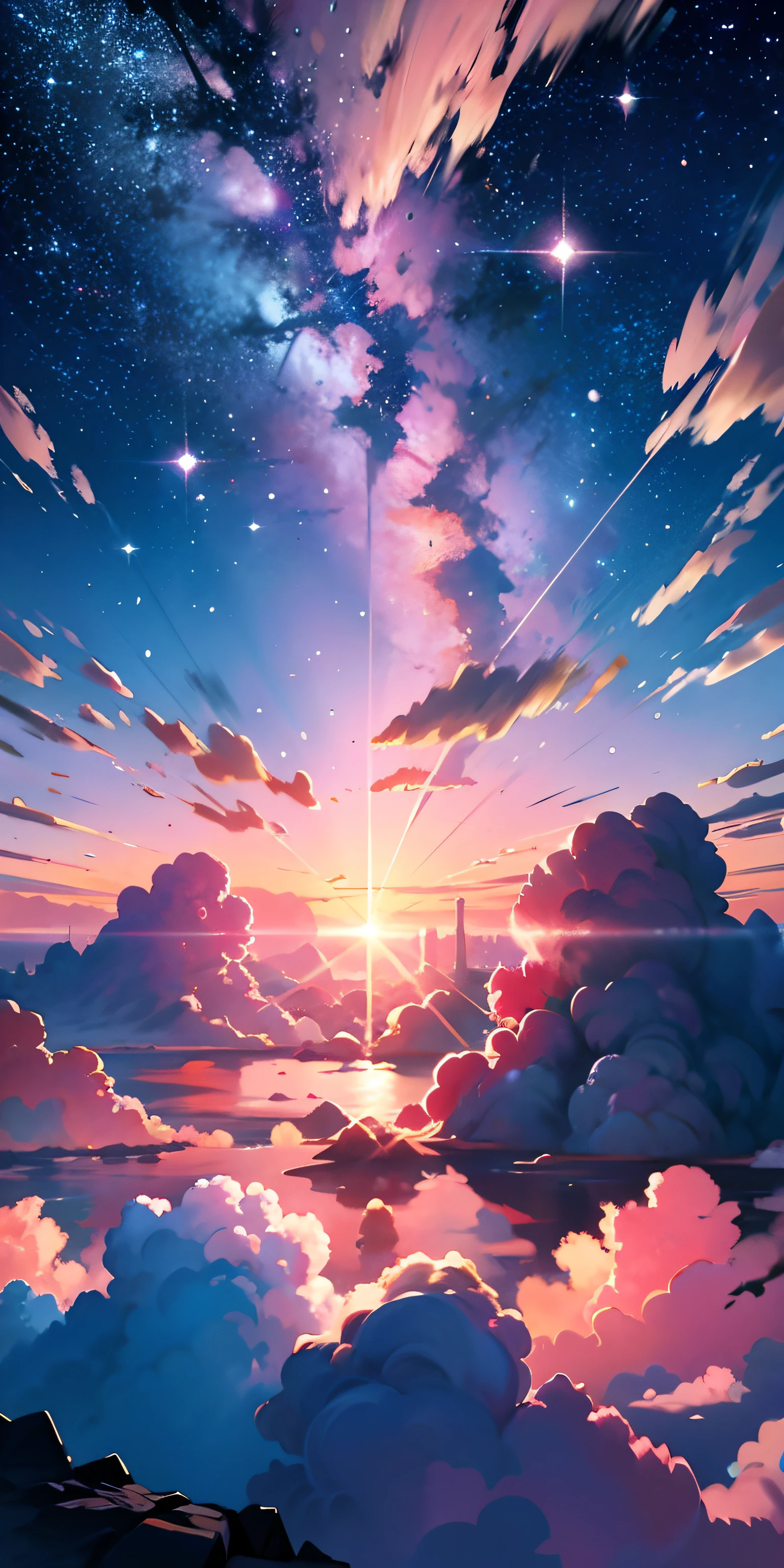 pastel pink，Glass starlight，Ridiculous resolution, A high resolution, (masterpiece:1.4), ultra - detailed, Sea of pink clouds, looking from above, the space, afloat，