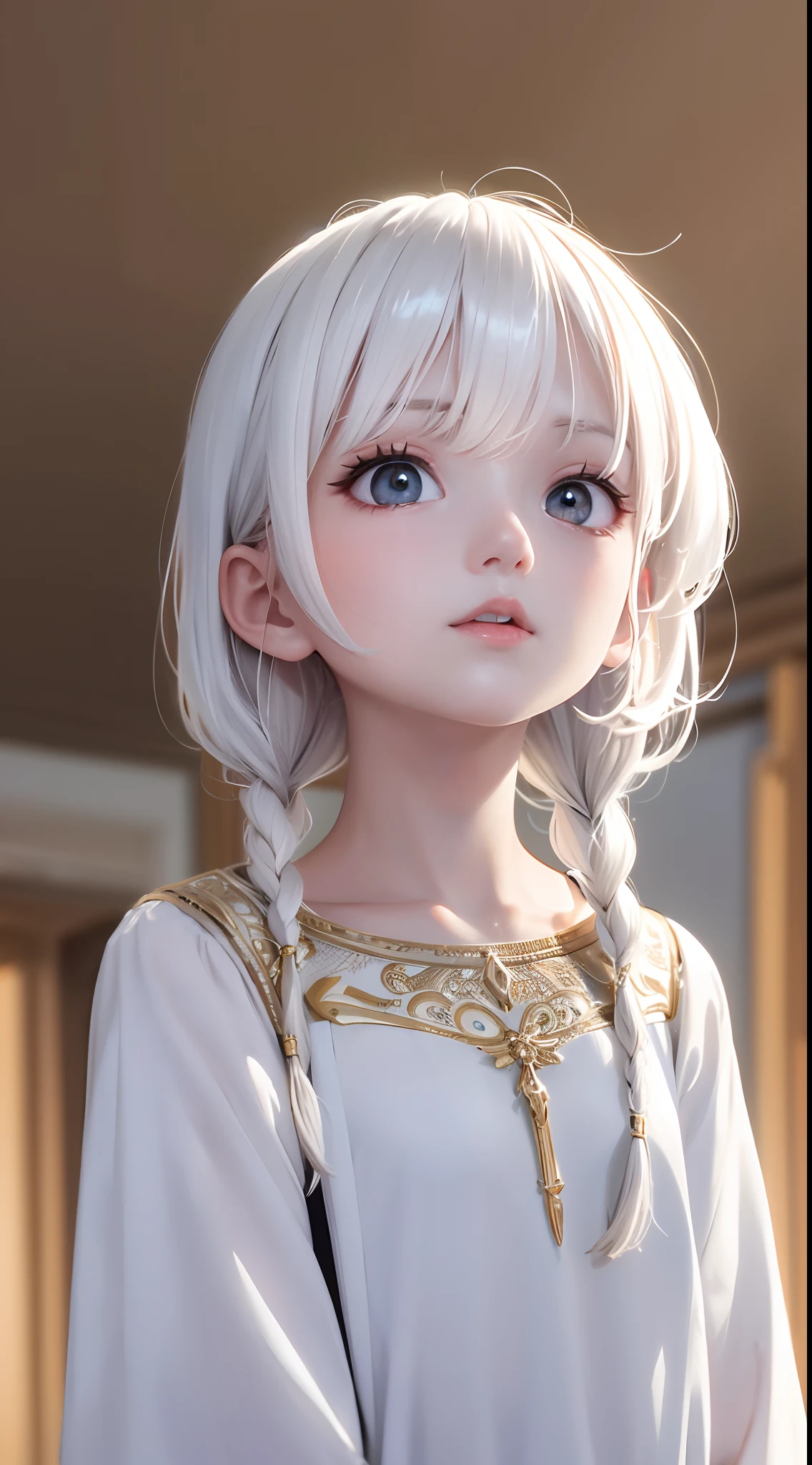 best quality, masterpiece,white hair, gold eyes,white clothes, looking up, upper body,hair strand,Fair skin,side braids