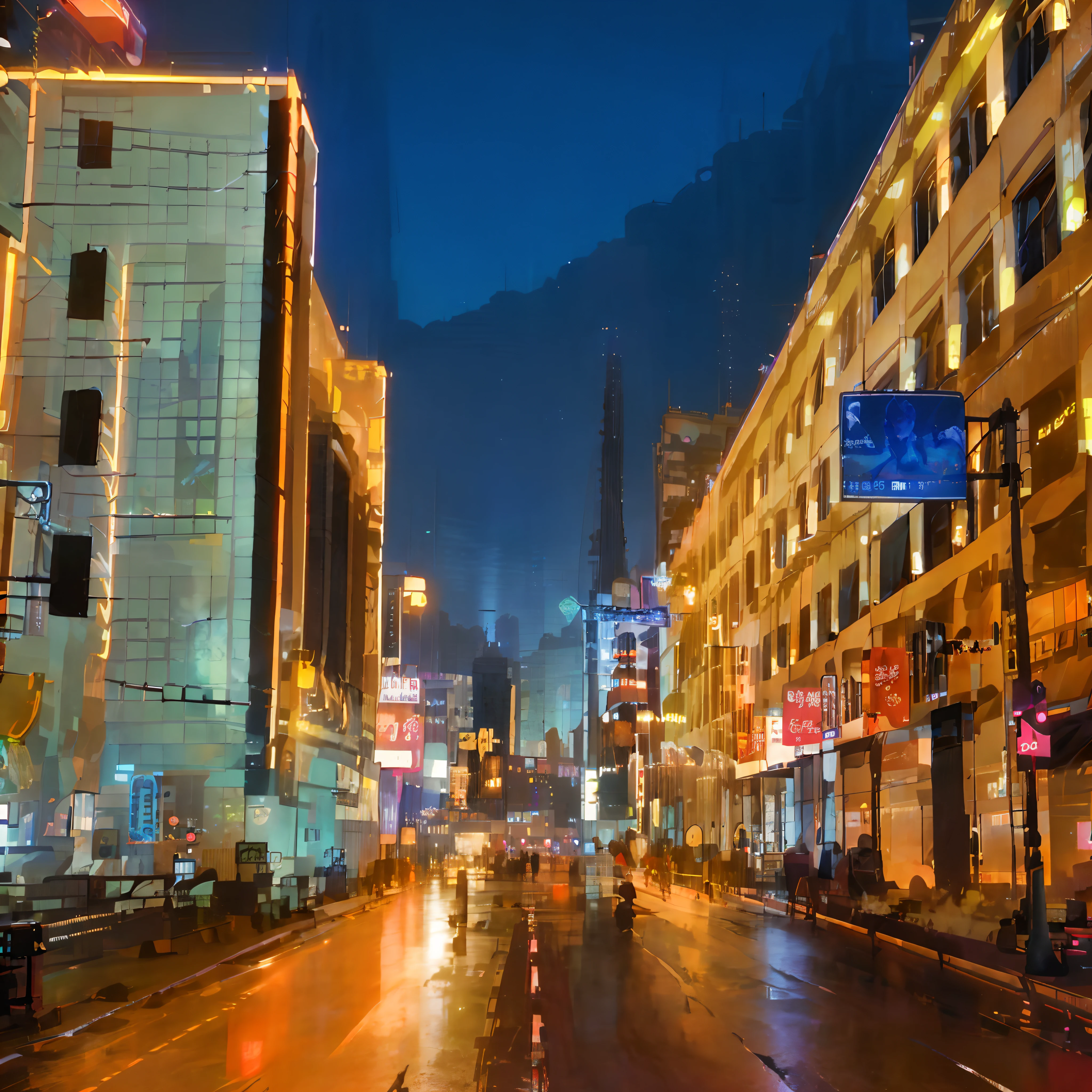 ((best qualtiy)), ((tmasterpiece)), (the detail:1.4), 3D, A cool cyberpunk city night,HDR（HighDynamicRange）,Ray traching,NVIDIA RTX,Super-Resolution,Unreal 5,Subsurface scattering、PBR Texture、post-proces、Anisotropy Filtering、depth of fields、maximum definition and sharpness、Many-Layer Textures、Albedo e mapas Speculares、Surface Coloring、Accurate simulation of light-material interactions、perfectly proportions、Octane Render、Two-colored light、largeaperture、Low ISO、White balance、the rule of thirds、8K RAW、Night view of city streets with heavy traffic, in city street at night, street city night, baotou china, futuristic phnom-penh cambodia, nighttime photography, blue hour photography, photography shot at blue hour, street night, Night Street, at night with neon lights, early evening, night photo, hd photography street, nighttime photography