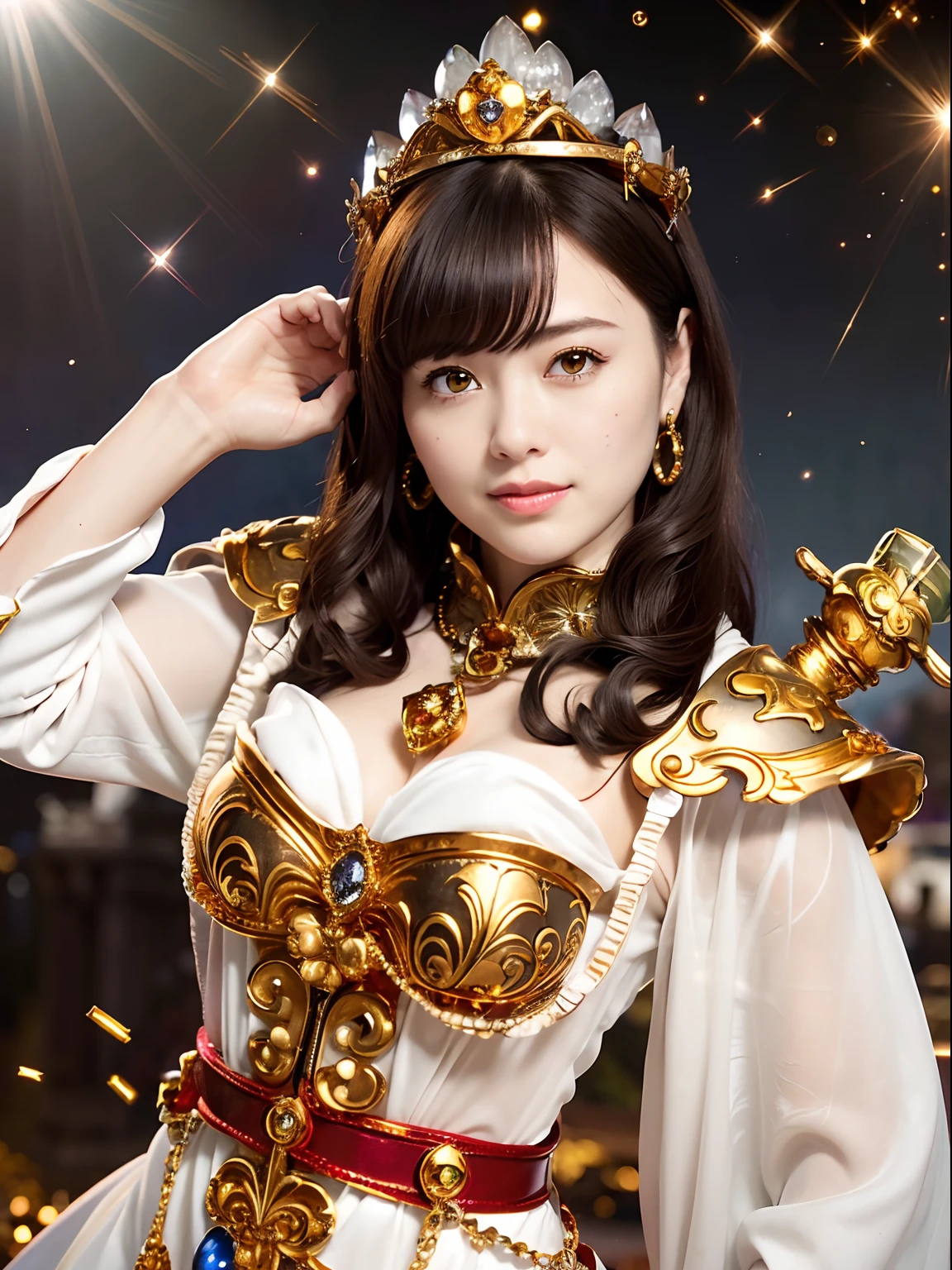 (masutepiece), Professional , masterpiece、top-quality、photos realistic , depth of fields (Gemstone Silver Metal Body:1.9),(Matte White、Particles of light、Jewel Gold Weapon(Jewel Metal Body:1.4),Gorgeous metal weapons , Detailed Sword of the Brave , Beautiful knife ,warhammer 40k , adepta sororitas,Detail and ornate jewel crown、Black hair、Gangle's forest background、Beautiful Caucasian beauty、1a person、dynamic ungle,(((Detailed and ornate diamond crown)))、Smaller head、A smile、sexypose、(Gorgeous castle background)、
