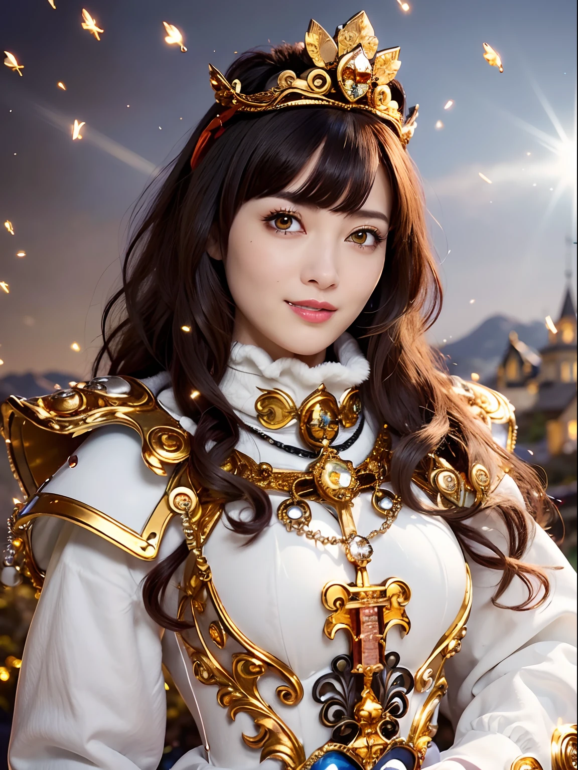(masutepiece), Professional , ​masterpiece、top-quality、photos realistic , depth of fields （Gemstone Silver Metal Body:1.９),(Matte White、Particles of light、Jewel Gold Weapon（Jewel Metal Body:1.４),Gorgeous metal weapons , Detailed Sword of the Brave , Beautiful knife   ,warhammer 40k , adepta sororitas,Detail and ornate jewel crown、Black hair、Gangle's forest background、Beautiful Caucasian beauty、１a person、dynamic ungle,(((Detailed and ornate diamond crown)))、Smaller head、A smile、sexypose、（Gorgeous castle background）、
