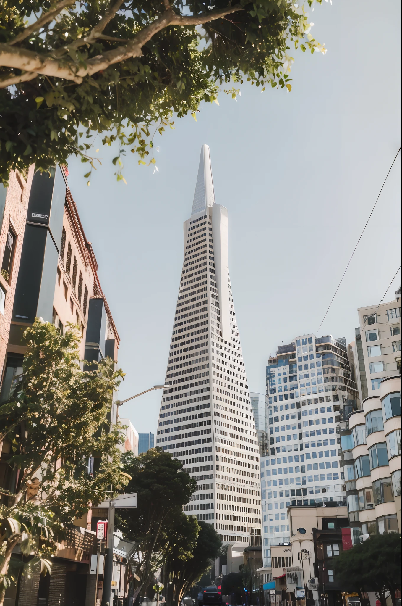 Arafs is in a city with tall buildings and trees, Photo of San Francisco, san francisco, towering over a city, Tall building, tall buildings in background, Building in the distance, Pyramids surrounded by greenery, epic buildings in the center, tall buildings on the sides, sfv, with tall glass skyscrapers, skyscrapers with greenery