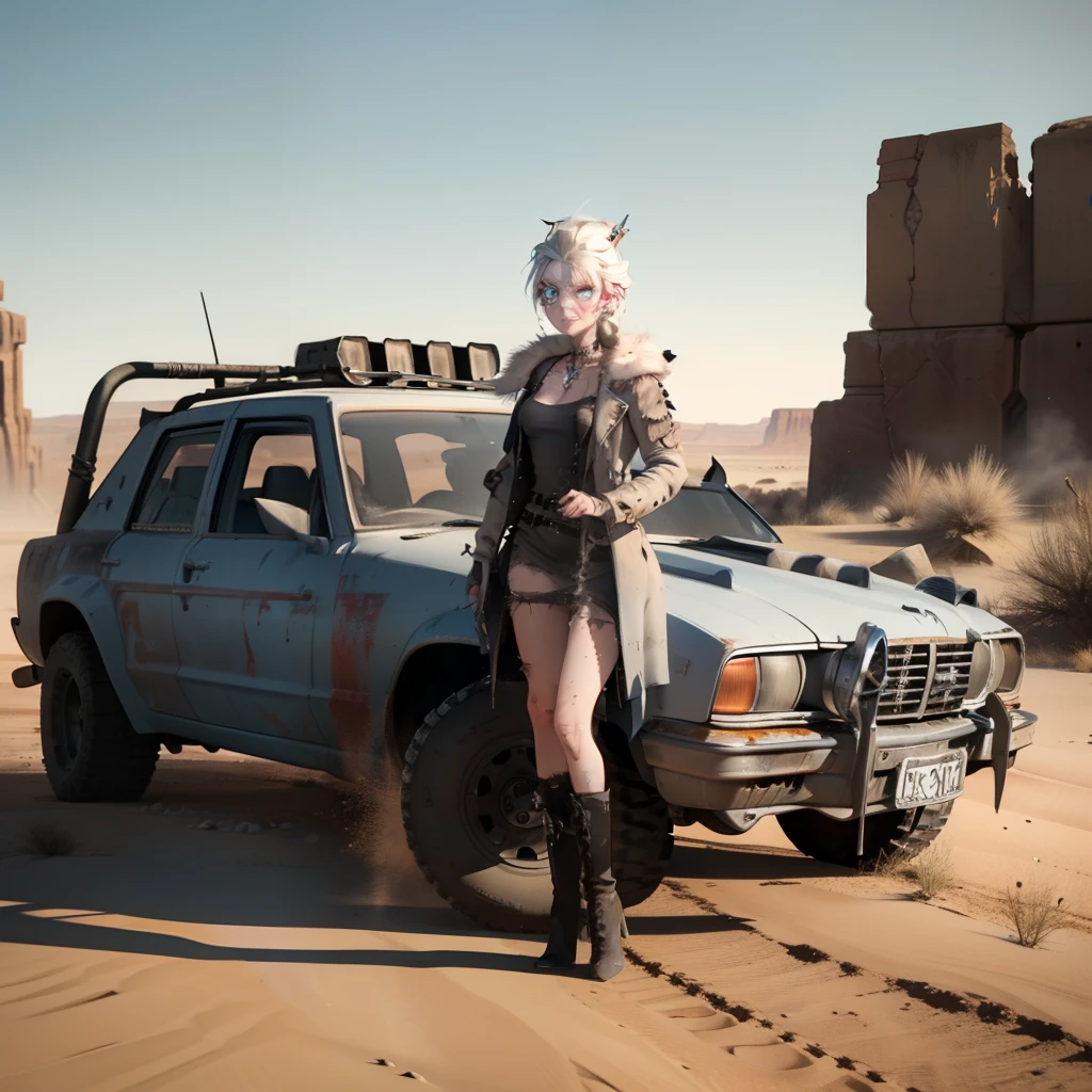 Elsa, post apocalyptic, desert, mad max, scarred, Post apocalyptic desert wasteland, Mad max, ear piercing, nose ring, gothy, torn clothes, Long jacket, ice pendent, scarrred, scarred, scarred, bruised, beat up, scarred