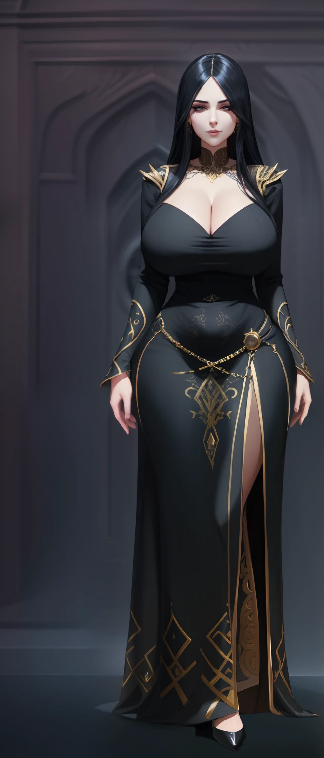 High quality, arafed woman in a black dress with gold trim and a large breast, curvy hourglass body, cleavage, thicc, yennefer, dark astral dress, elegant cinematic pose, full body detailed, dark sorceress full body pose, full body female, yennefer of vengerberg, doing an elegant pose over you, ornate gown, dark sorceress full view,